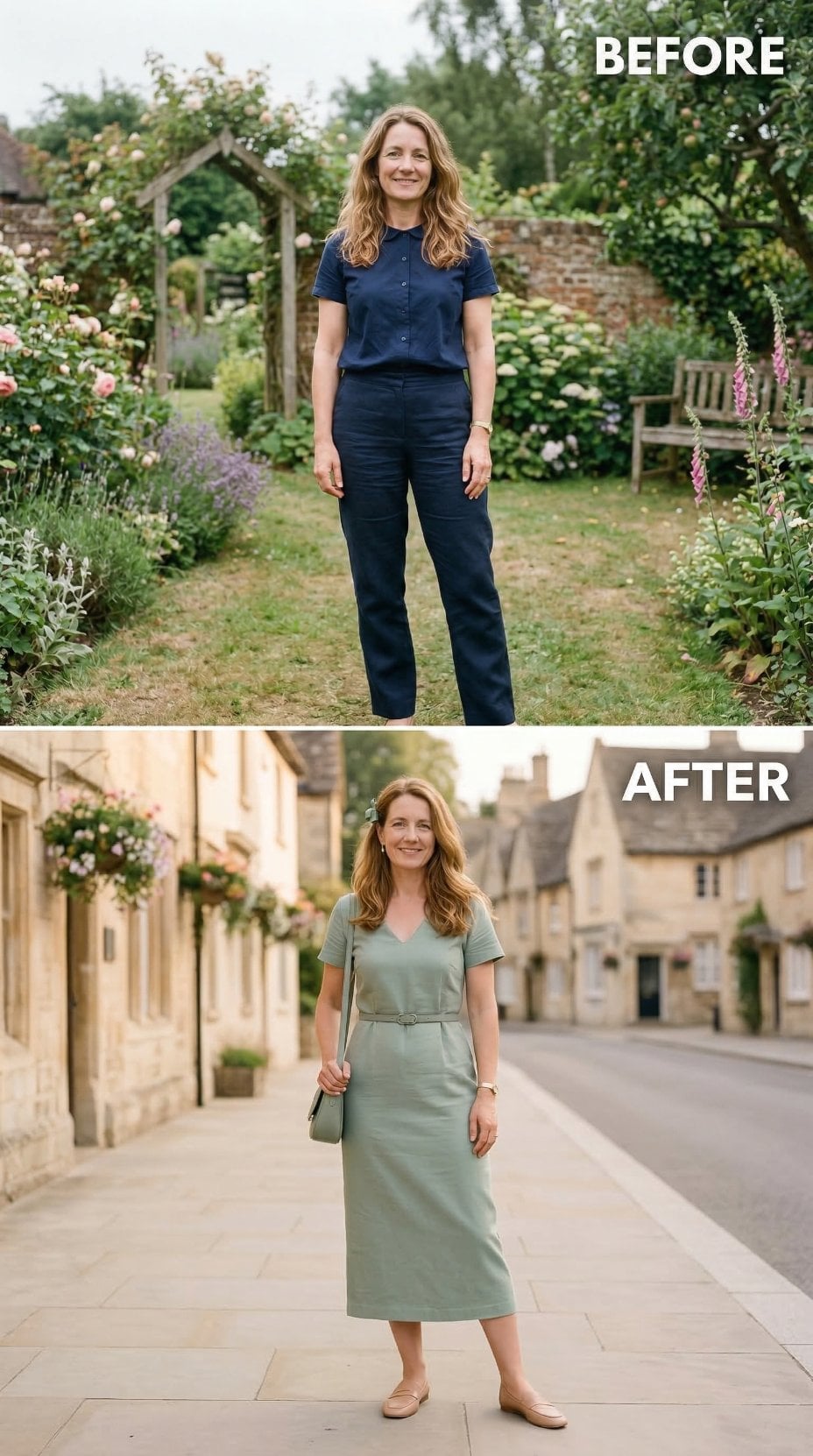 Sage Belted Midi and a Cotswolds Street Pull Her Navy Habits Into Something Far Softer