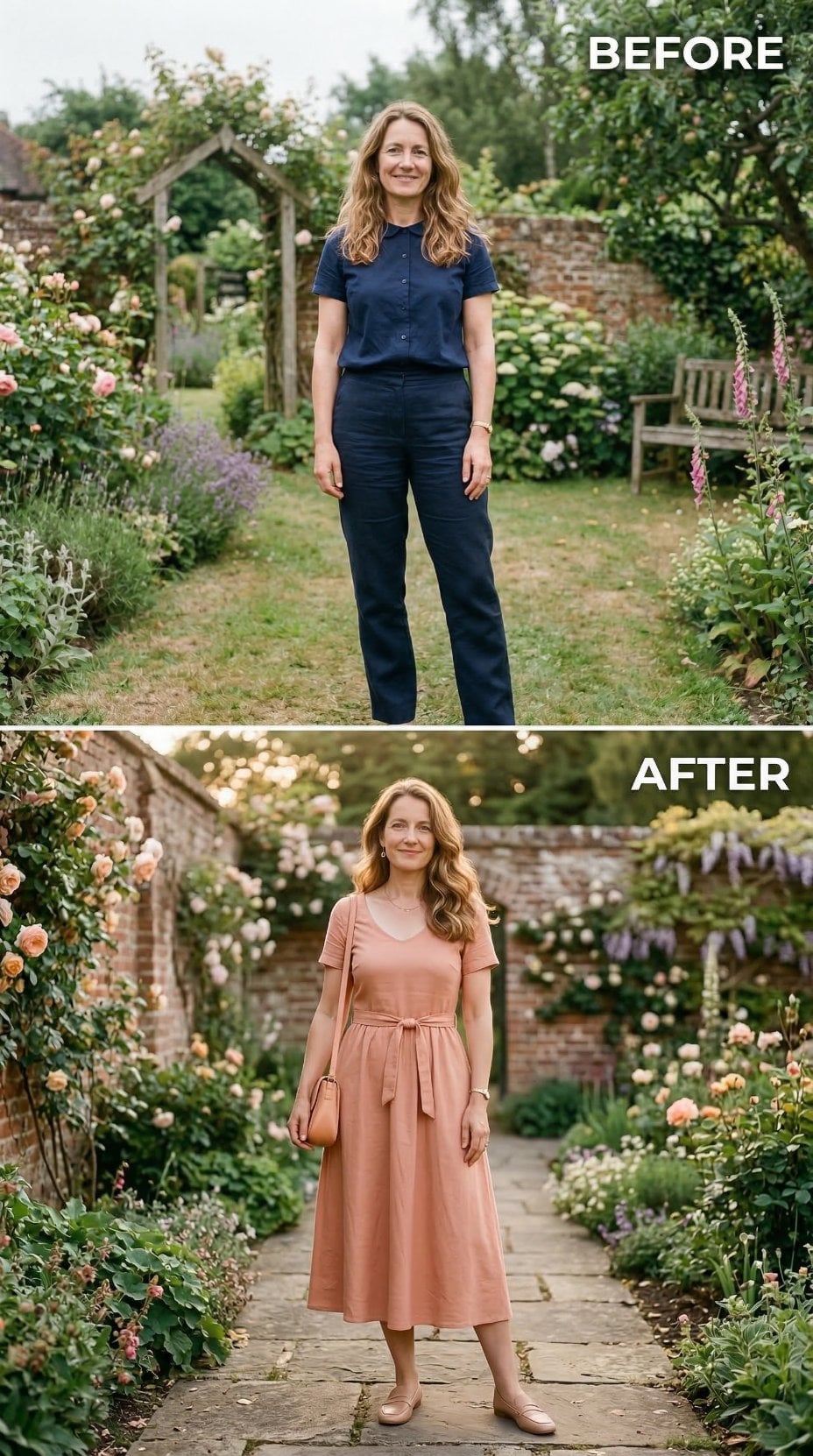 Dusty Rose Midi and a Walled Garden Path Replace the Navy Uniform Entirely