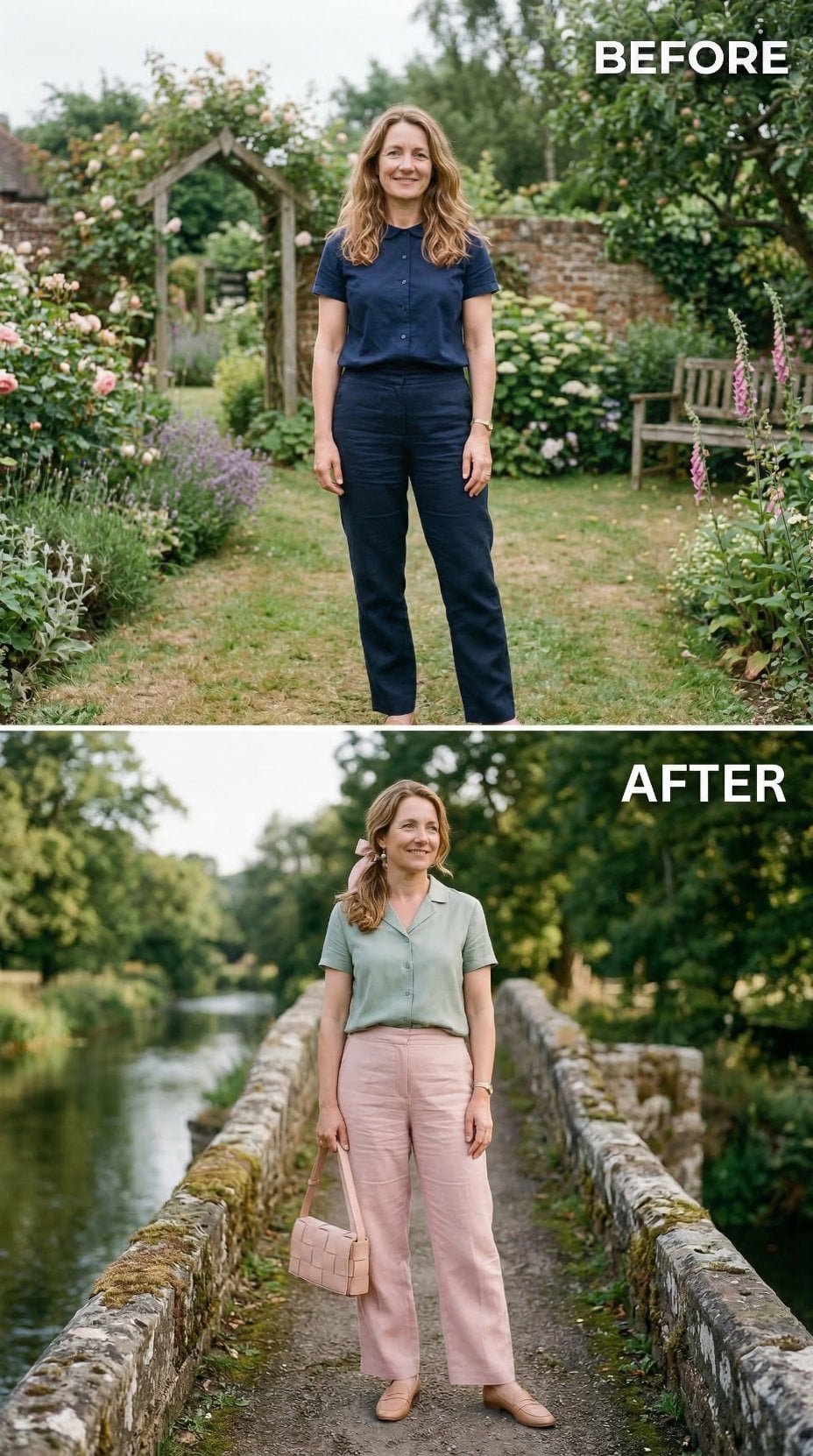 Sage Camp Collar and Blush Wide-Legs Retire the Navy Uniform on a Stone Bridge