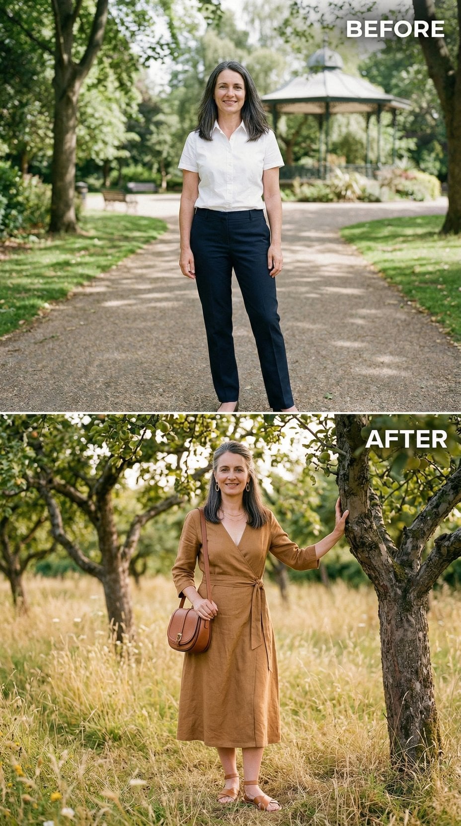 Caramel Wrap Dress, a Saddle Bag, and Why the Orchard Setting Finally Makes Sense