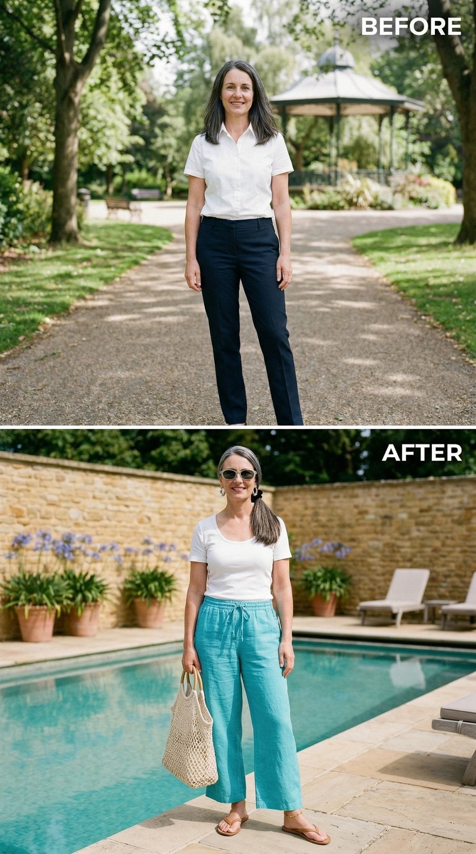Navy Trousers to Turquoise Linen — How Poolside Logic Rewrote Her Entire Summer Uniform