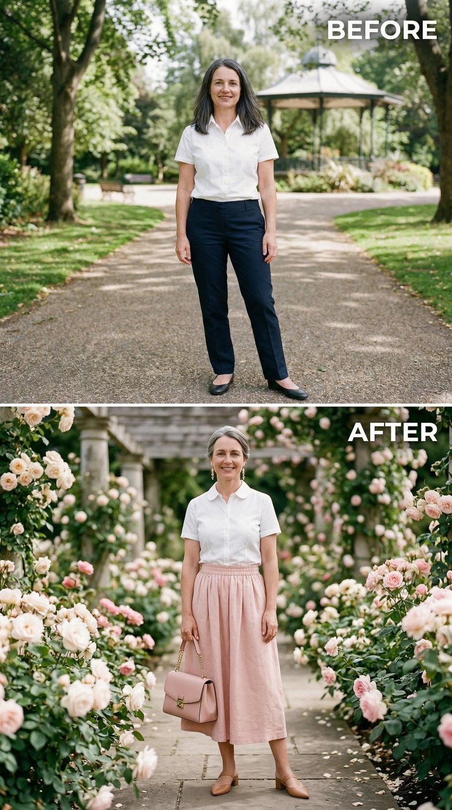 Pink Midi Skirt, White Peter Pan Collar, and the Rose Garden That Demanded Both