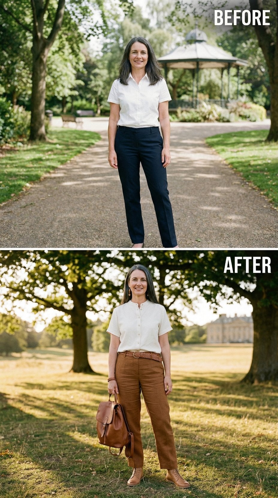 Ivory Button-Front, Tan Wide-Legs, and the Belt That Rewrote Her Park Uniform