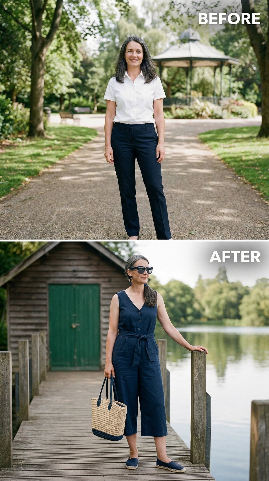 Sleeveless Navy Jumpsuit, a Boathouse Dock, and the Bag That Shifted Everything