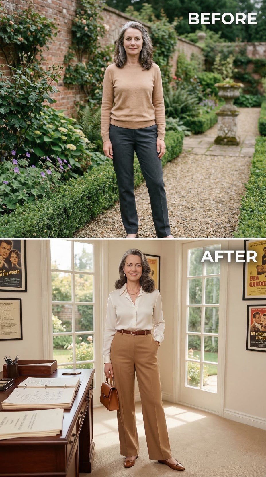 Ivory Silk Button-Down Tucked Into Wide-Leg Camel Trousers