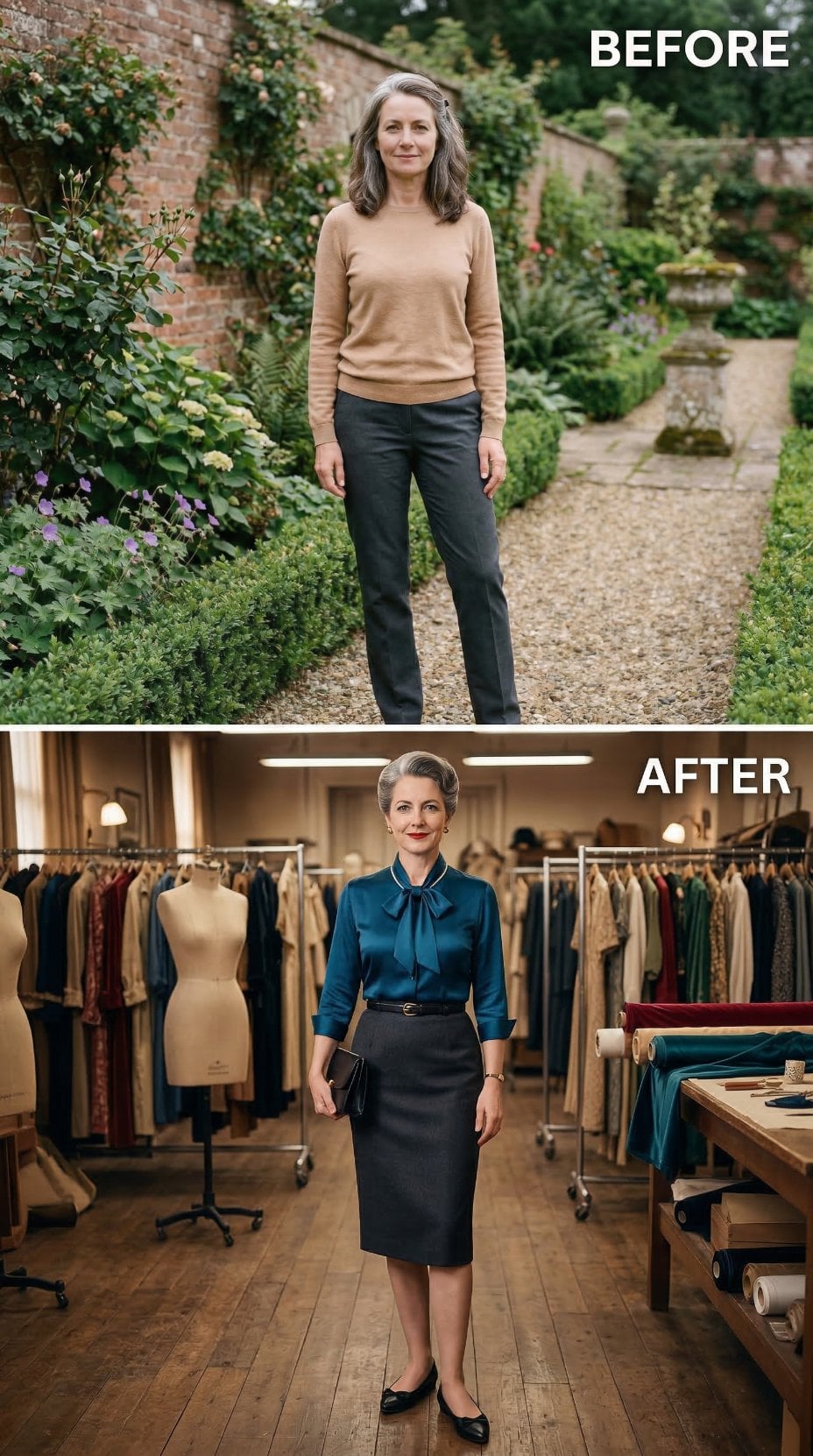 Teal Satin Bow Blouse Tucked Into Black Pencil Skirt