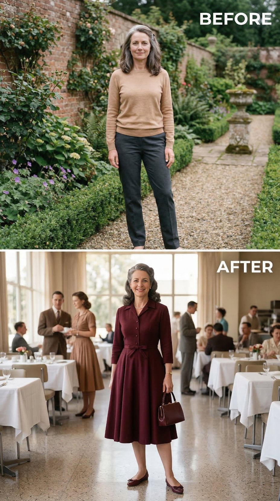 Burgundy Shirtdress With Self-Belt and Structured Handbag