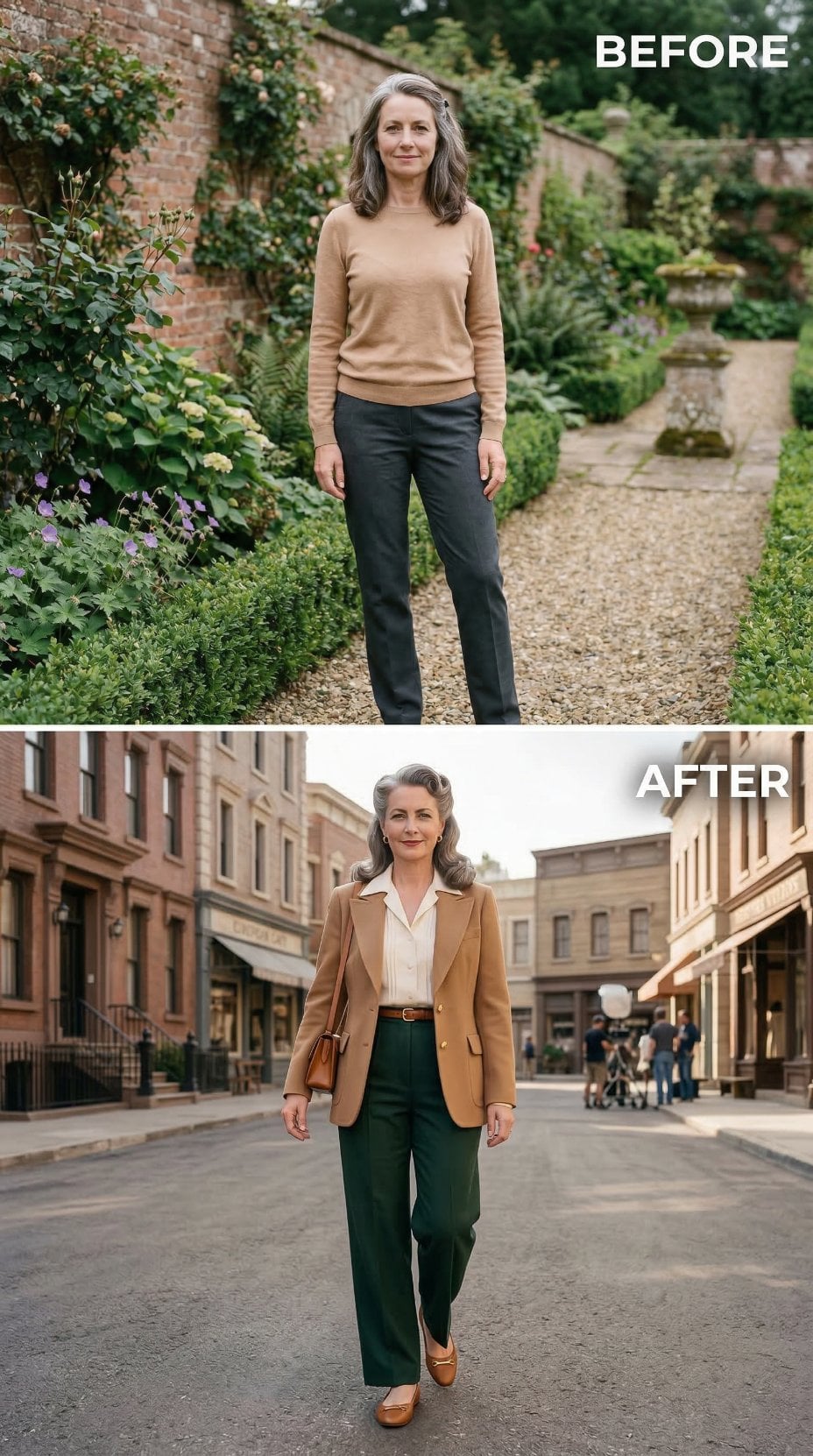 Camel Blazer Layered Over Cream Blouse With Forest Green Trousers