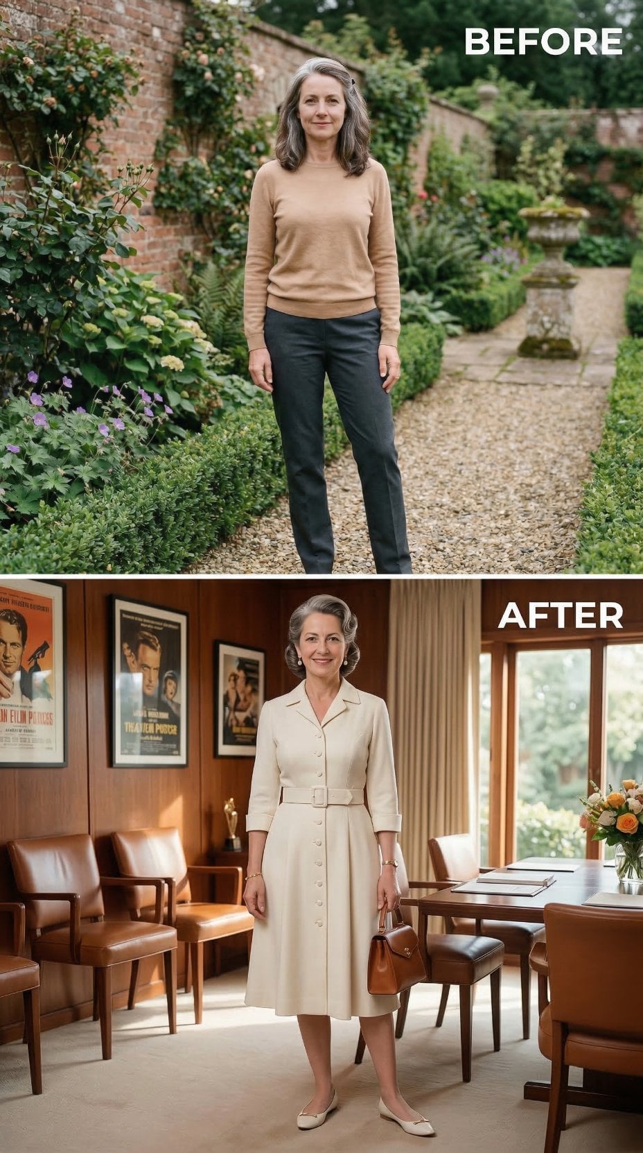 Cream Belted Shirtdress With Mid-Century Office Backdrop