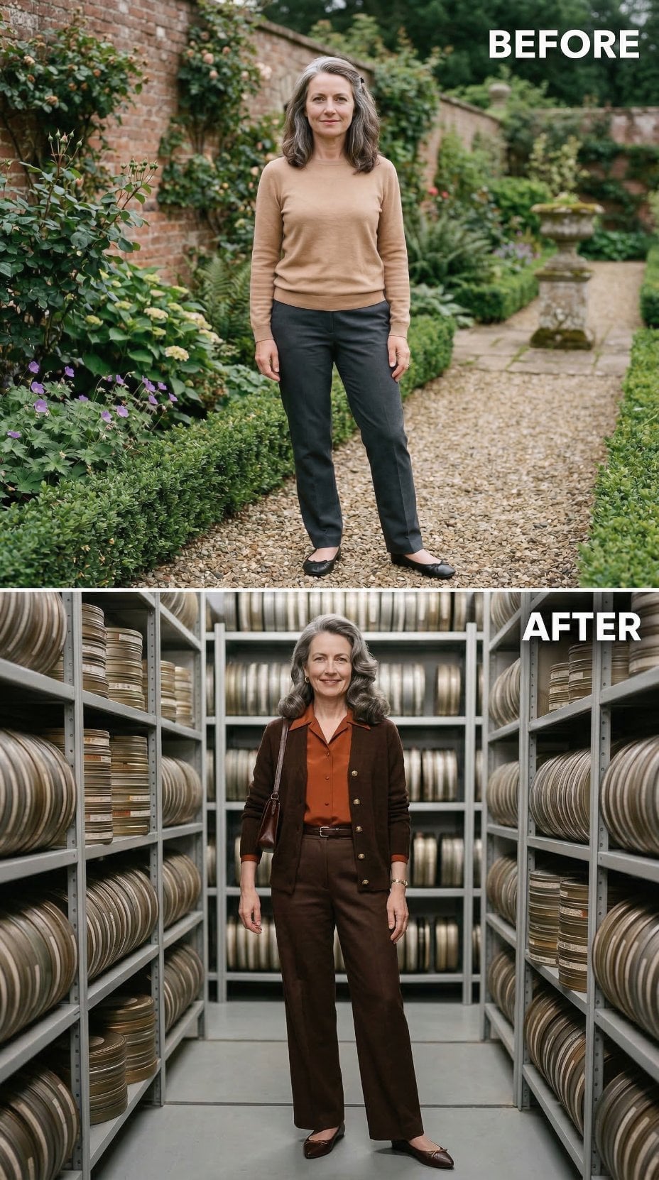 Brown Cardigan Over Rust Collared Shirt With Archive Storage Backdrop