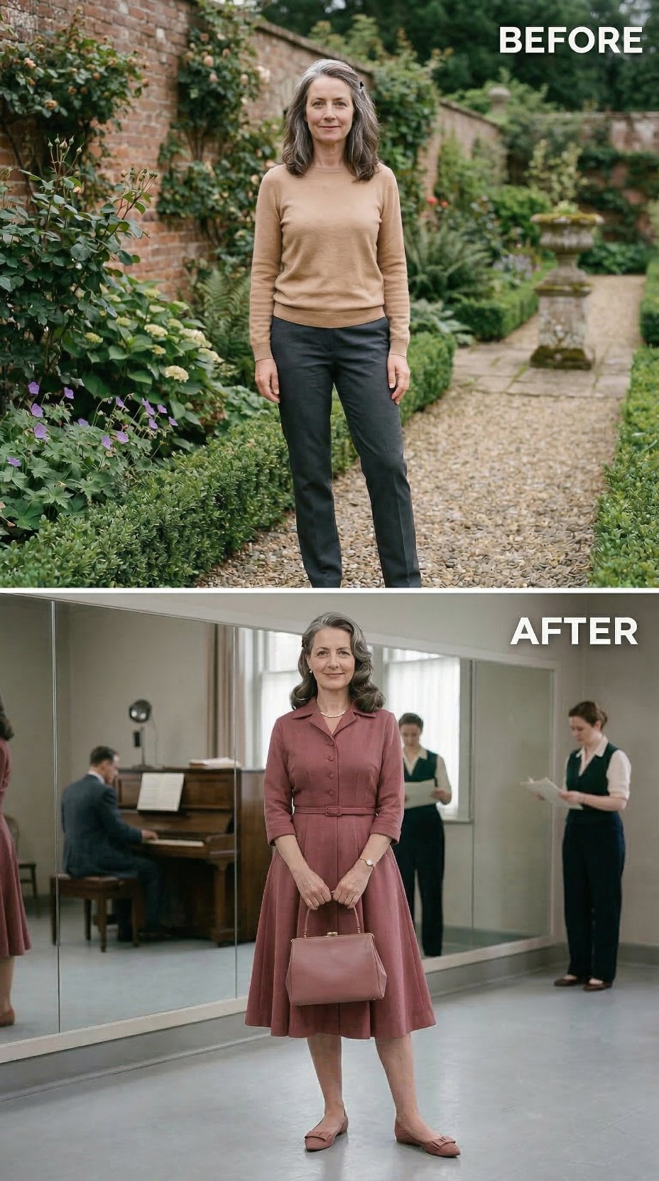 Camel Sweater and Black Trousers to Mauve Belted Shirtdress