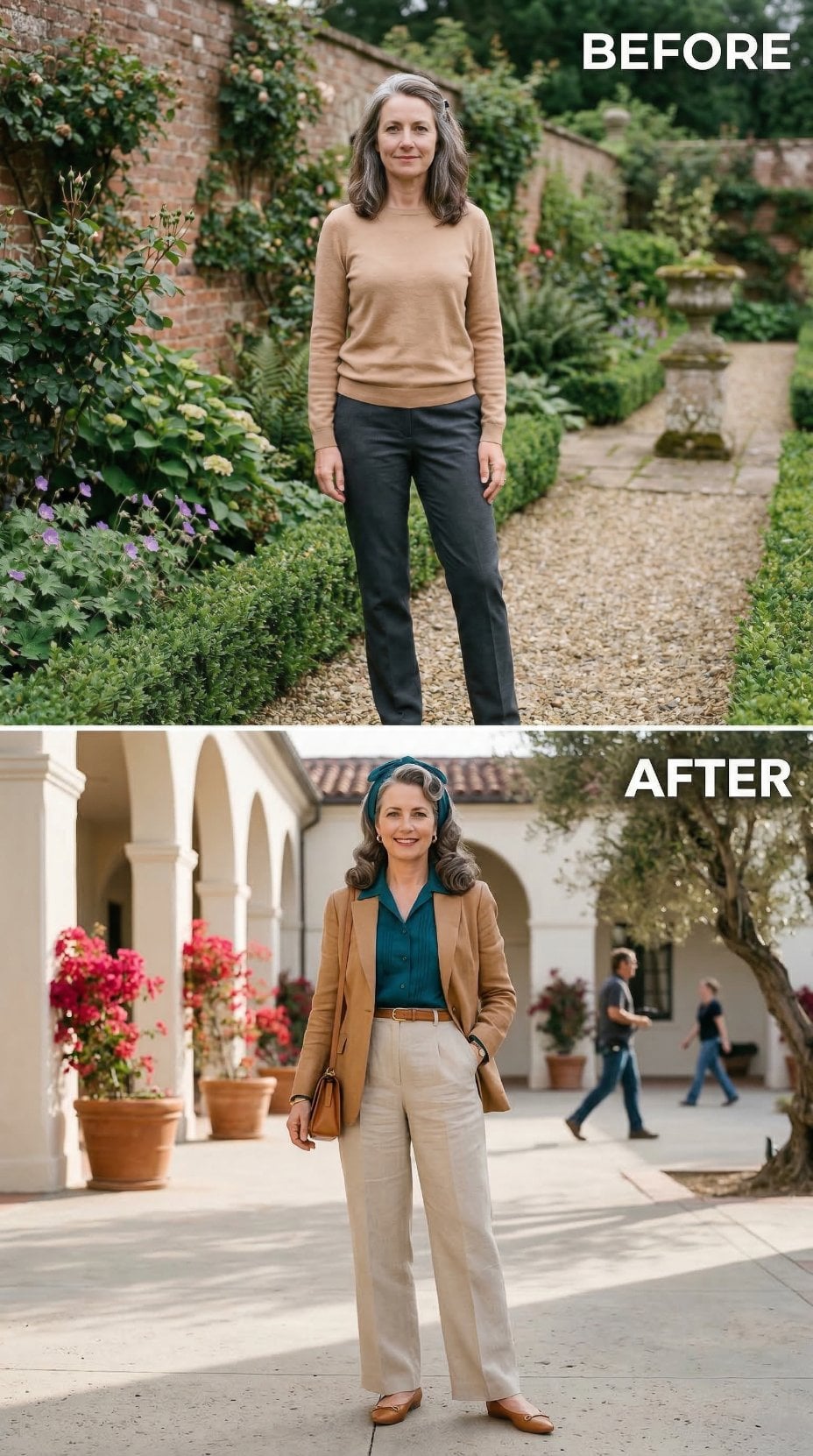 Camel Sweater Layered Under Blazer With Teal Pintuck Blouse
