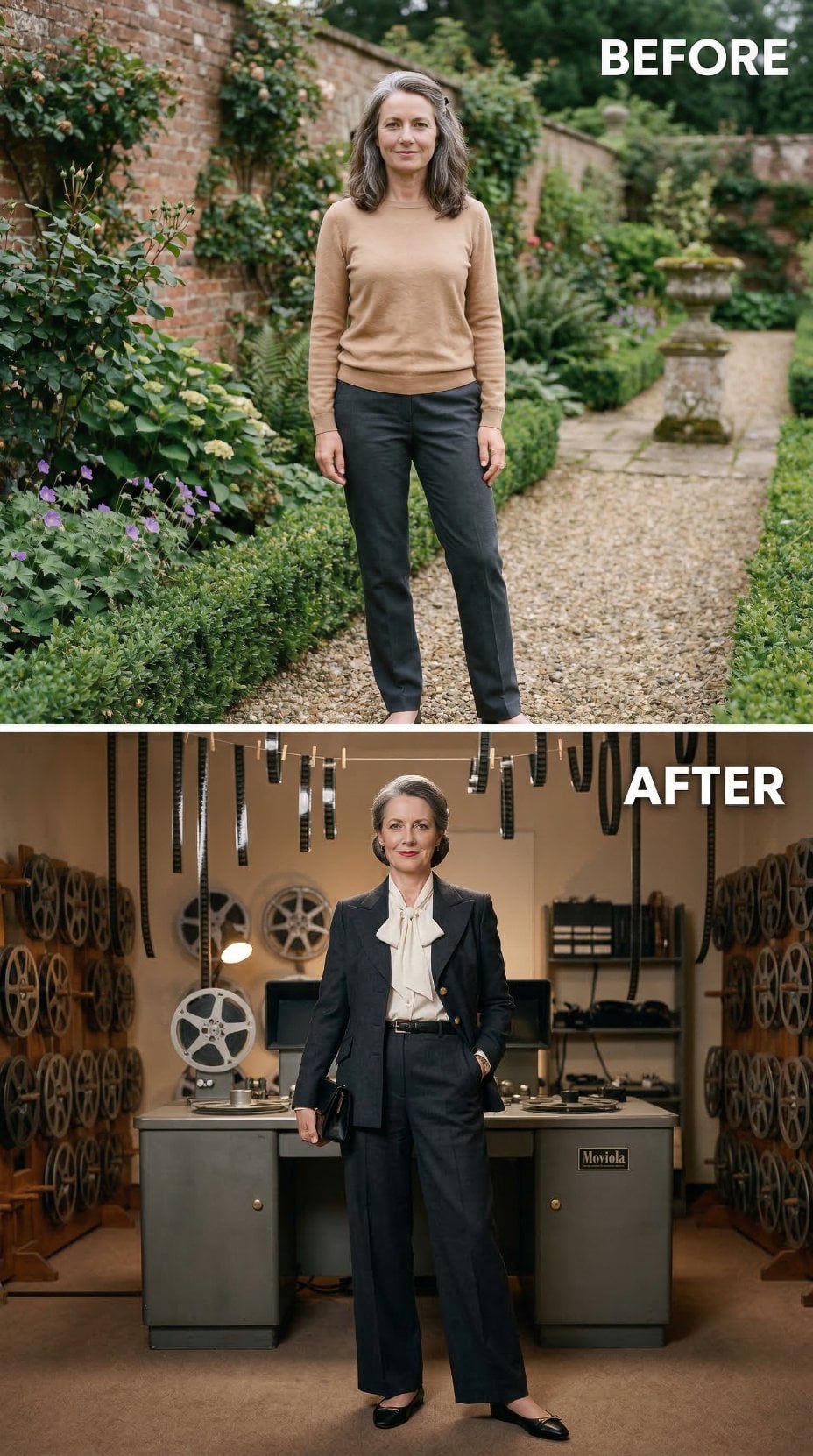 Ivory Pussy-Bow Blouse and Navy Blazer Among Vintage Film Reels