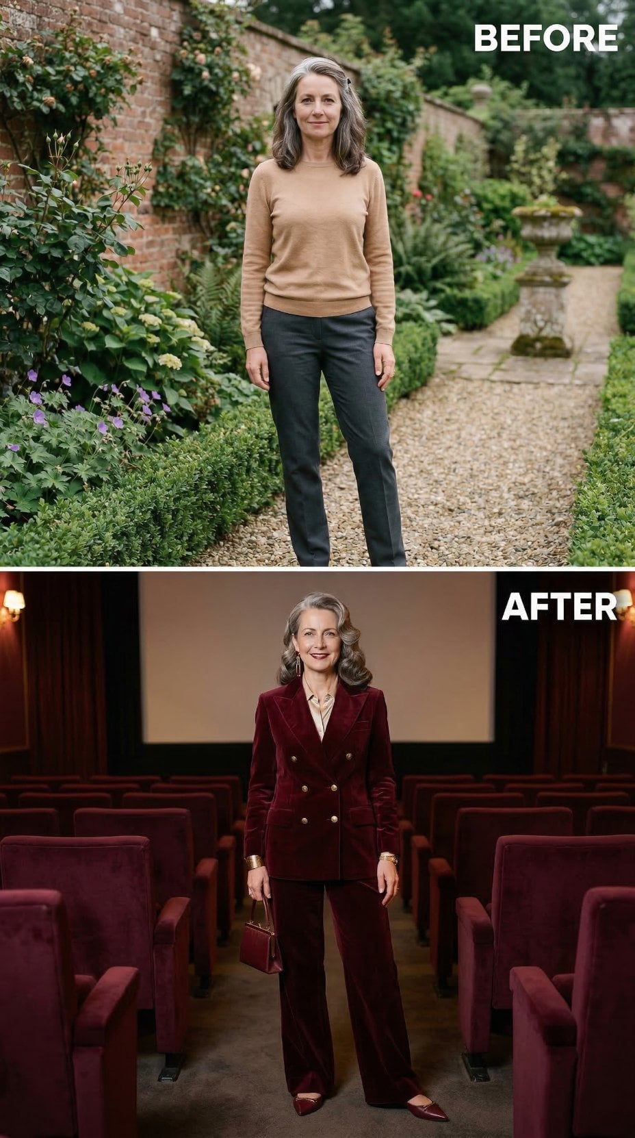 Garden Neutrals Give Way to Burgundy Velvet Suiting in Cinema Aisle