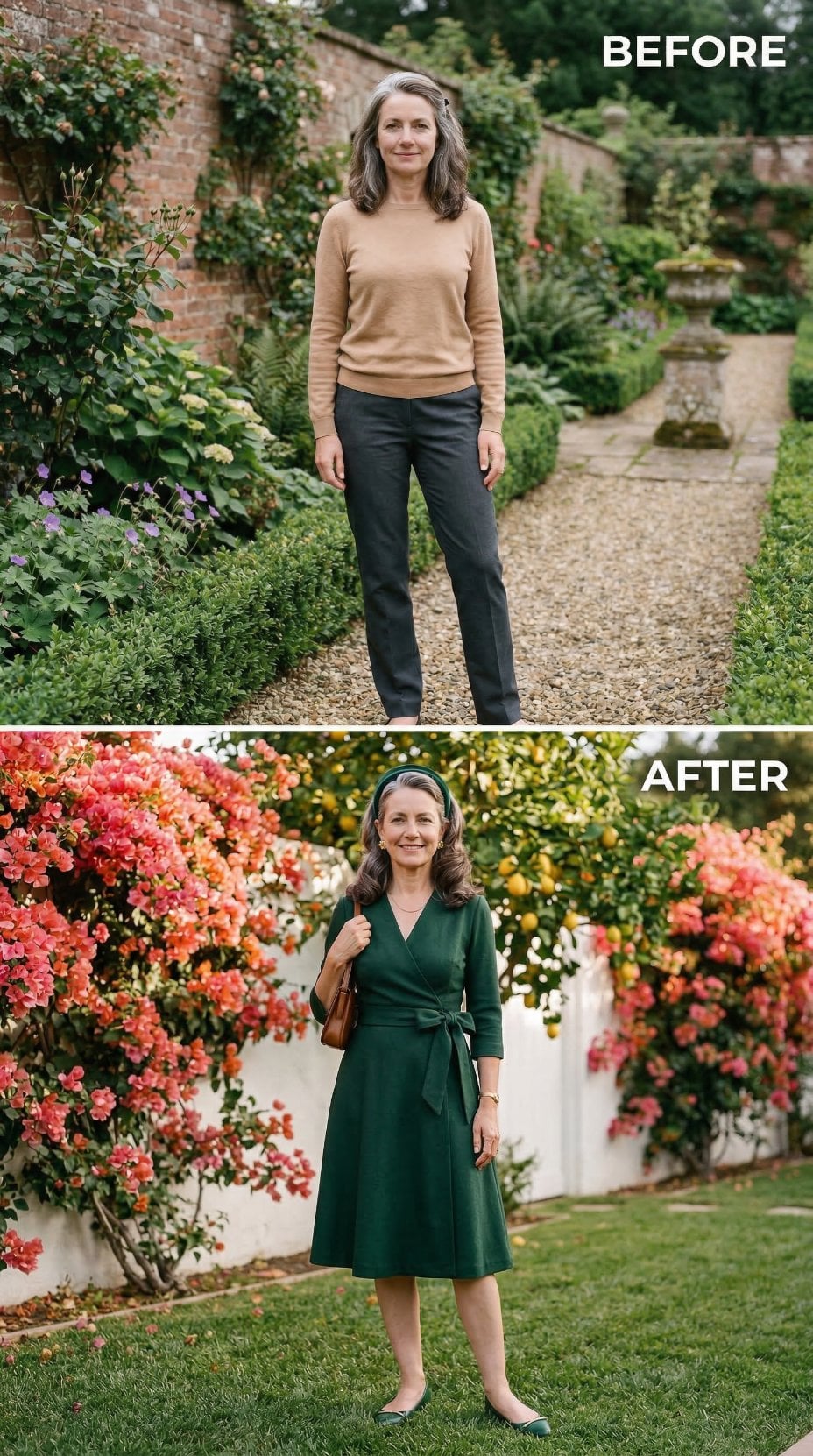 Forest Green Wrap Dress Anchored by Headband and Ballet Flats