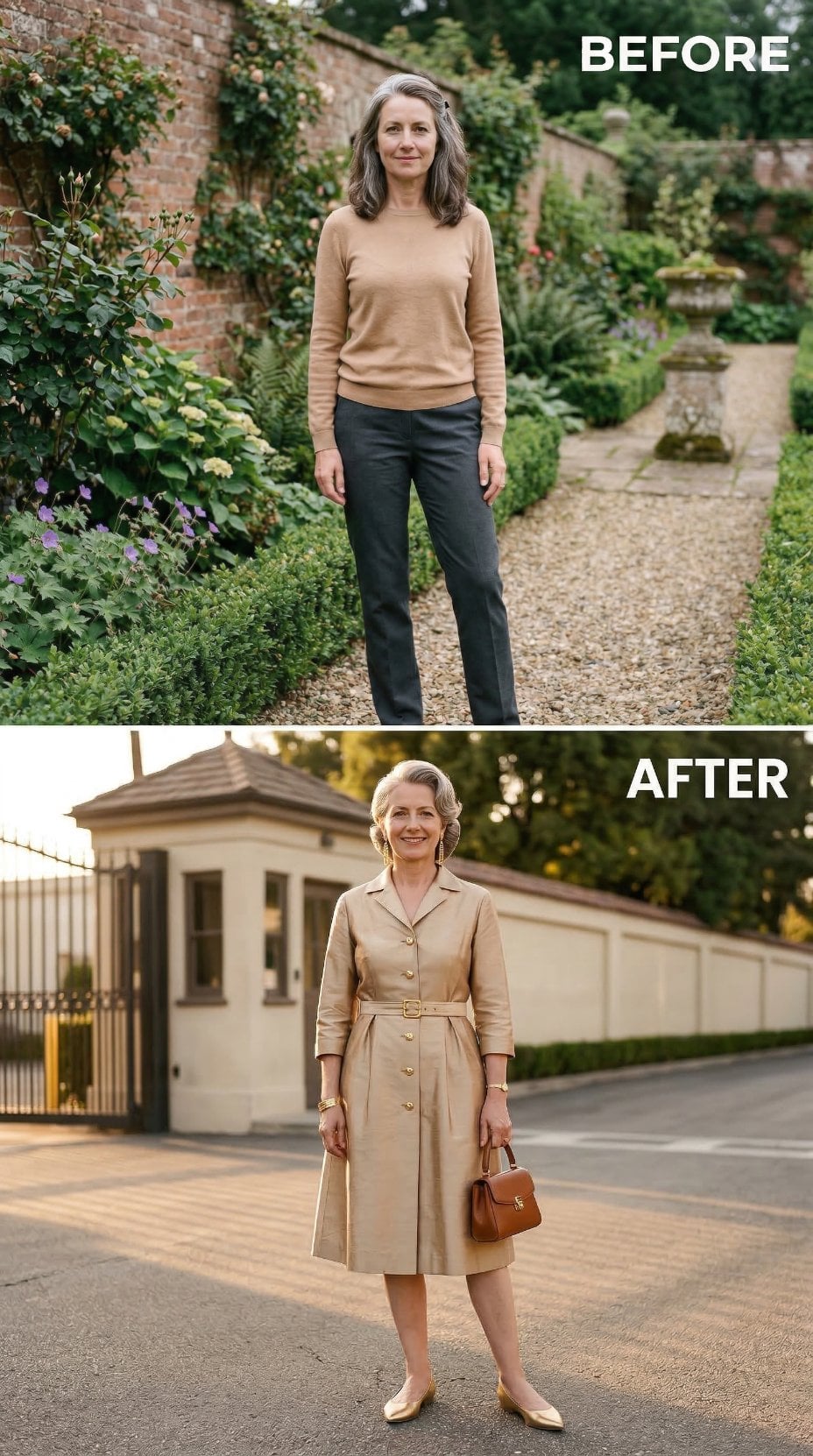 Tan Crewneck and Slate Trousers Become Belted Khaki Shirtdress