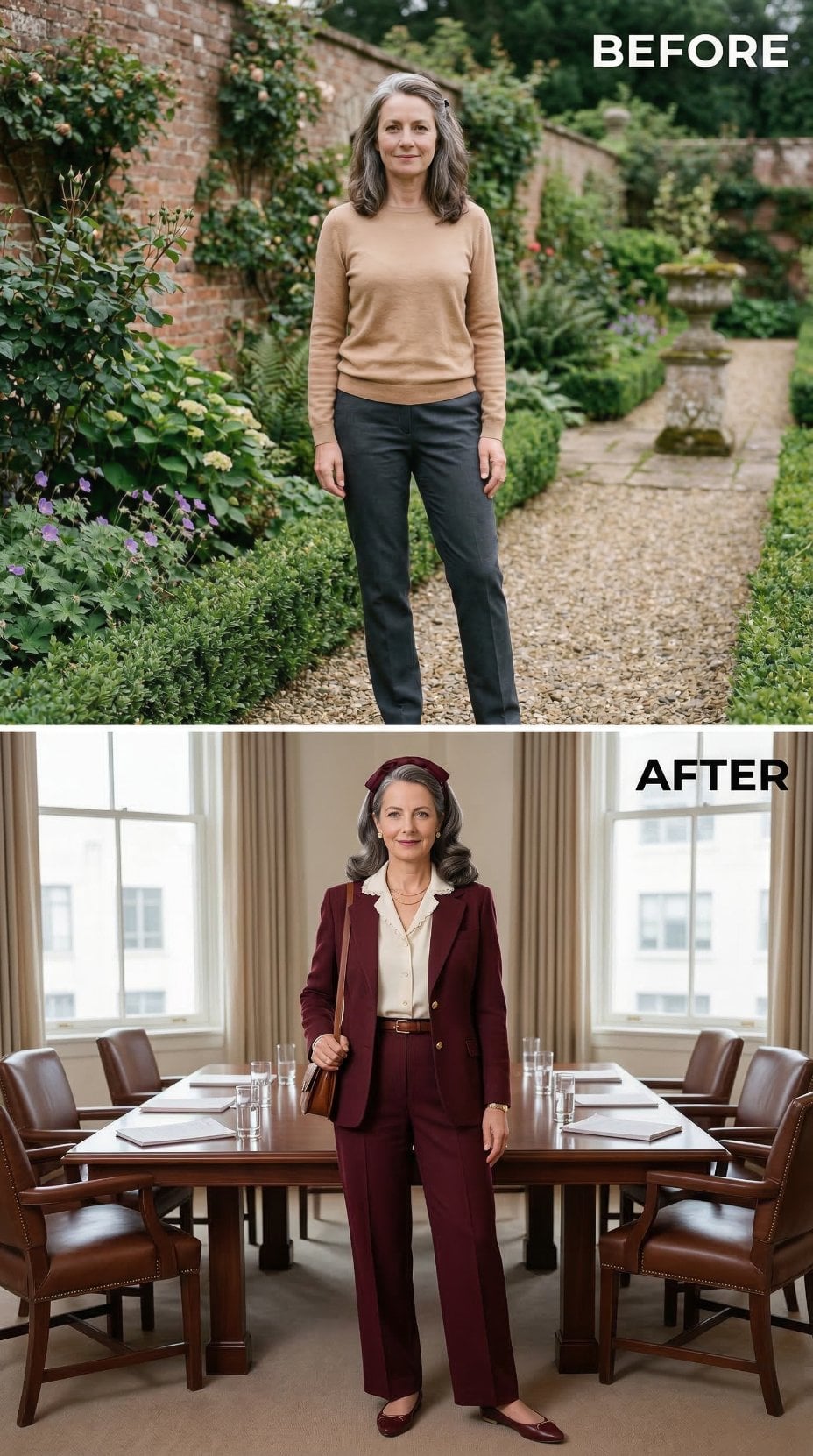 Burgundy Pantsuit With Matching Headband and Ivory Blouse