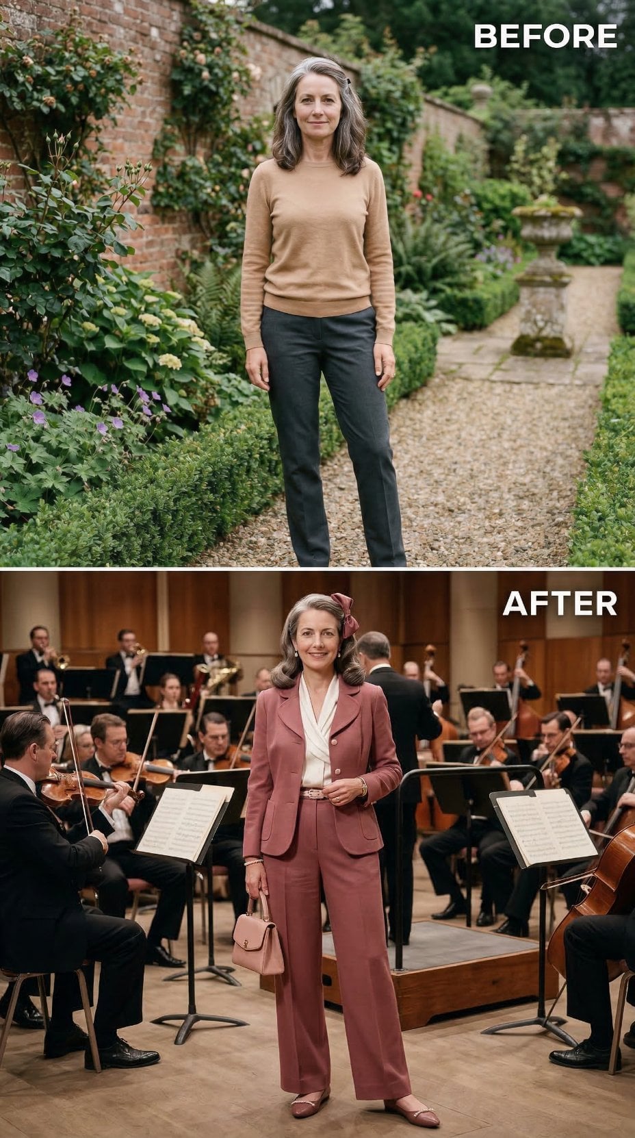 Taupe Crewneck Alongside Orchestra in Dusty Rose Suit