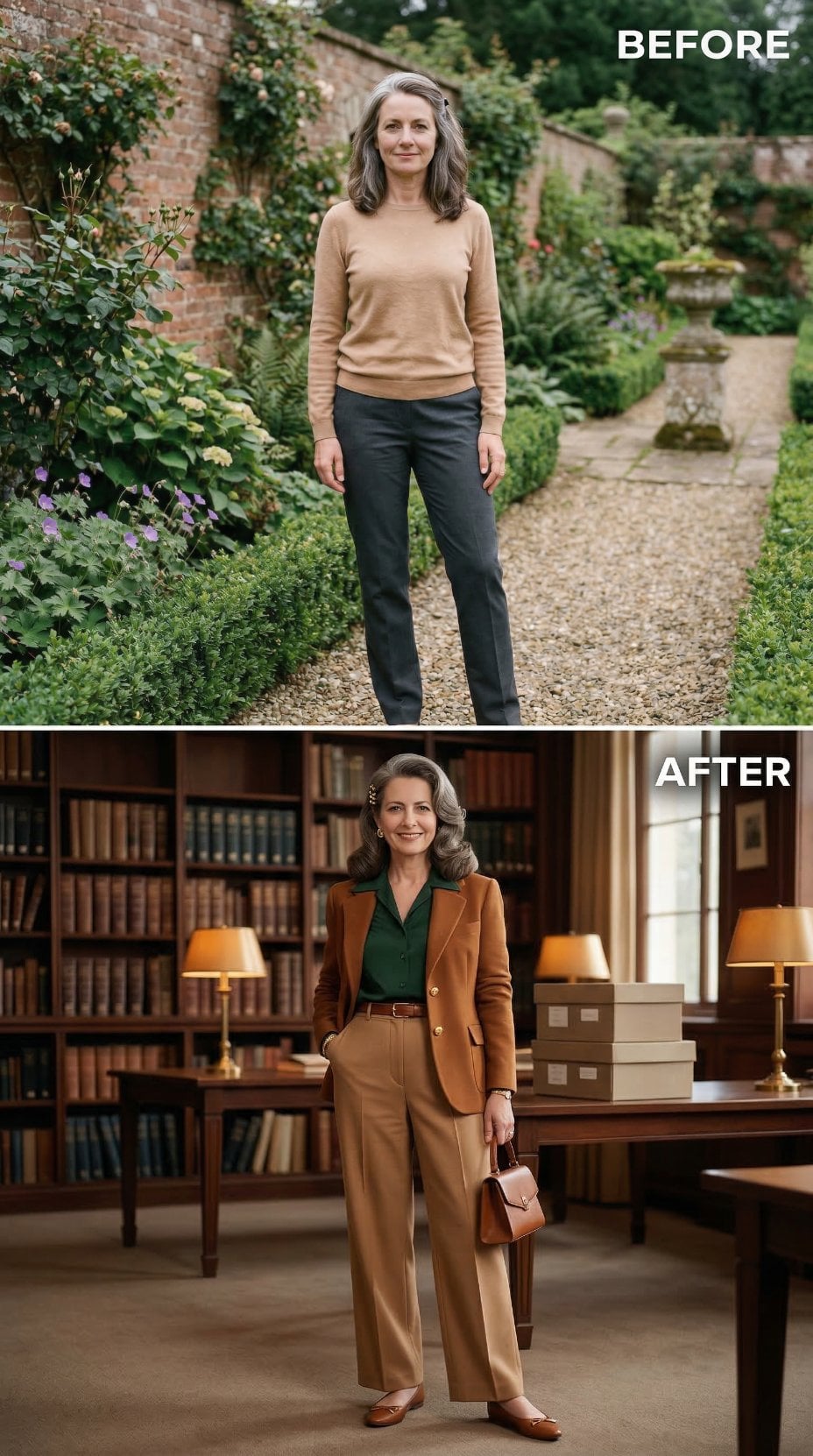 Tan Sweater Over Charcoal Pants Refined Into Caramel Blazer and Wide-Leg Trouser Suiting