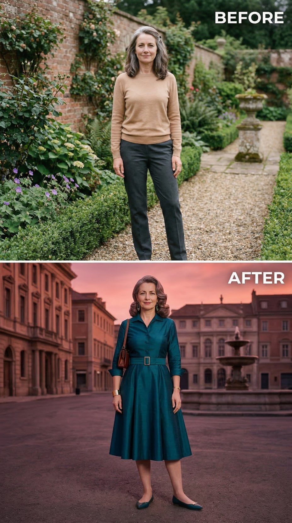 Tan Crewneck and Charcoal Pants Become Teal Shirtdress on Italian Plaza