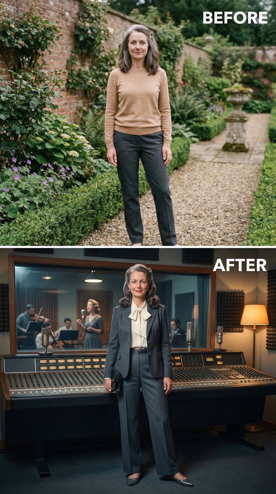 Camel Knit and Dark Trousers to Charcoal Suit in Recording Studio