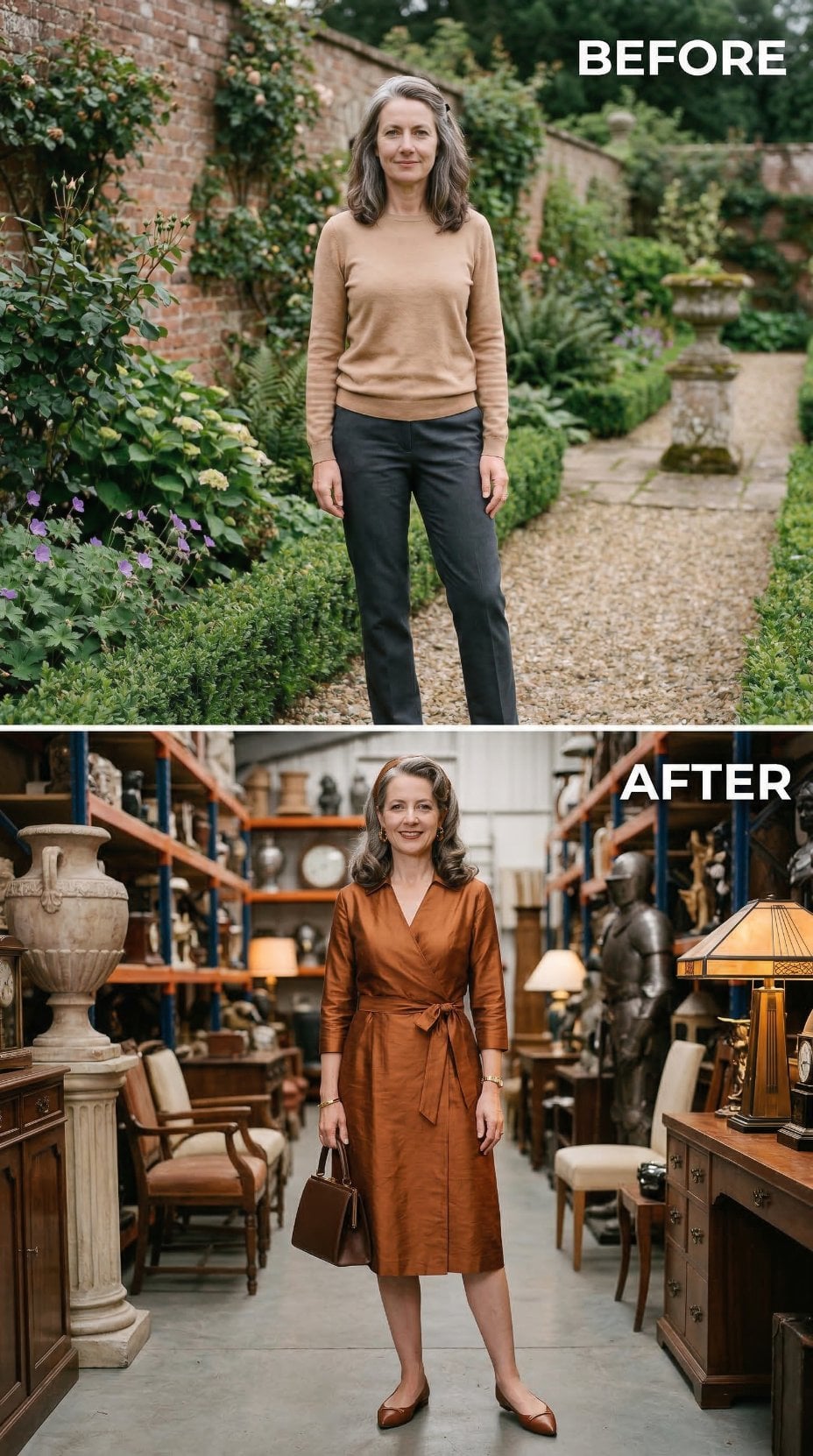 Oatmeal Crewneck to Burnt Orange Wrap Dress Among Antique Furnishings