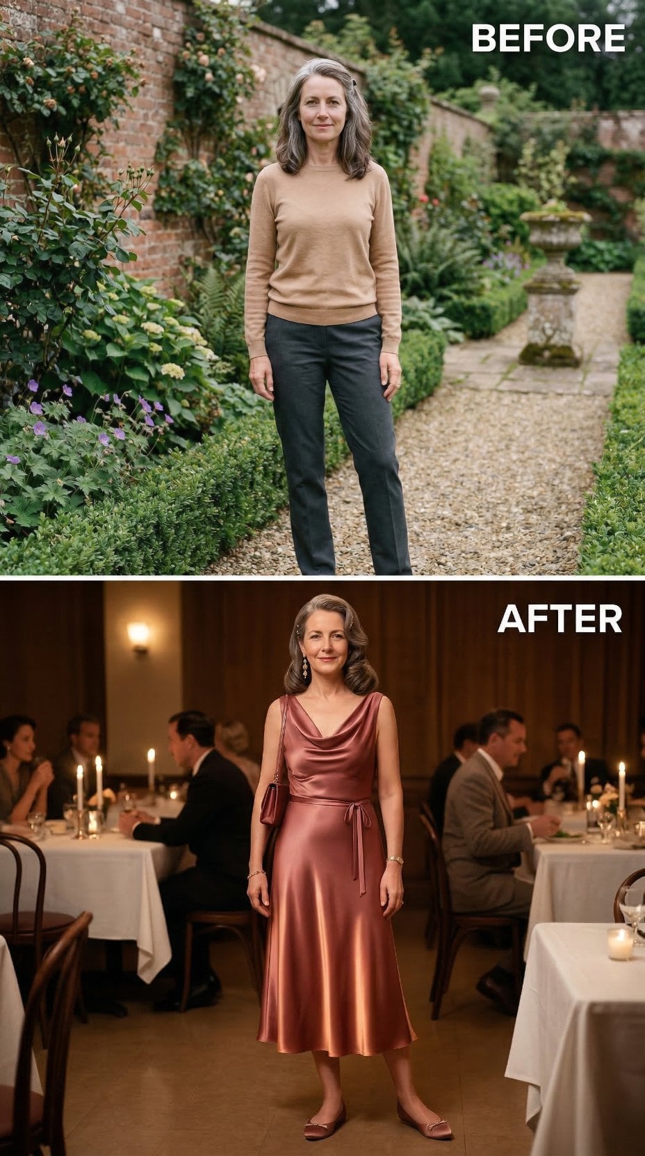 Camel Crewneck and Charcoal Trousers Shift to Rose Gold Satin Gown