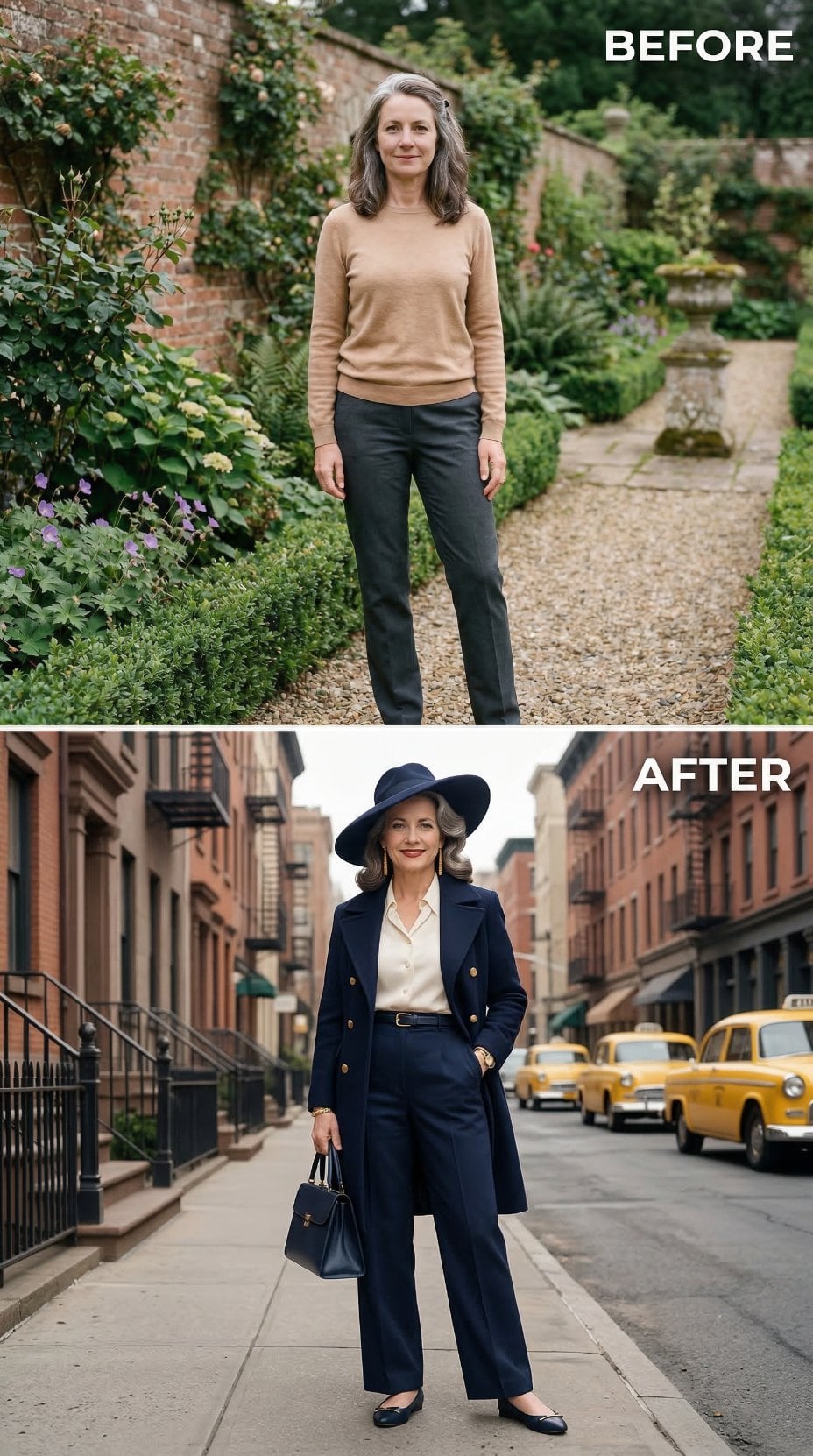 Camel Knit and Gray Trousers Become Navy Coat and Wide-Leg Trousers on City Street