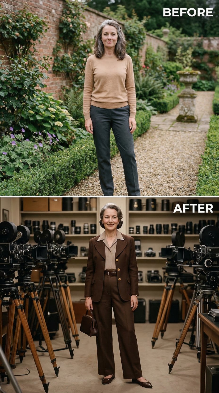 Brown Blazer Suit and Loafers Replace Garden Sweater in Equipment Showroom