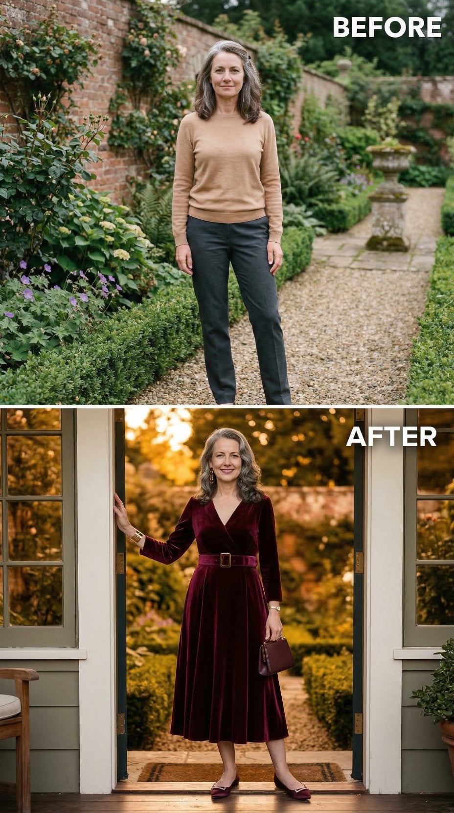 Caramel Sweater and Charcoal Tailoring Switch to Burgundy Velvet