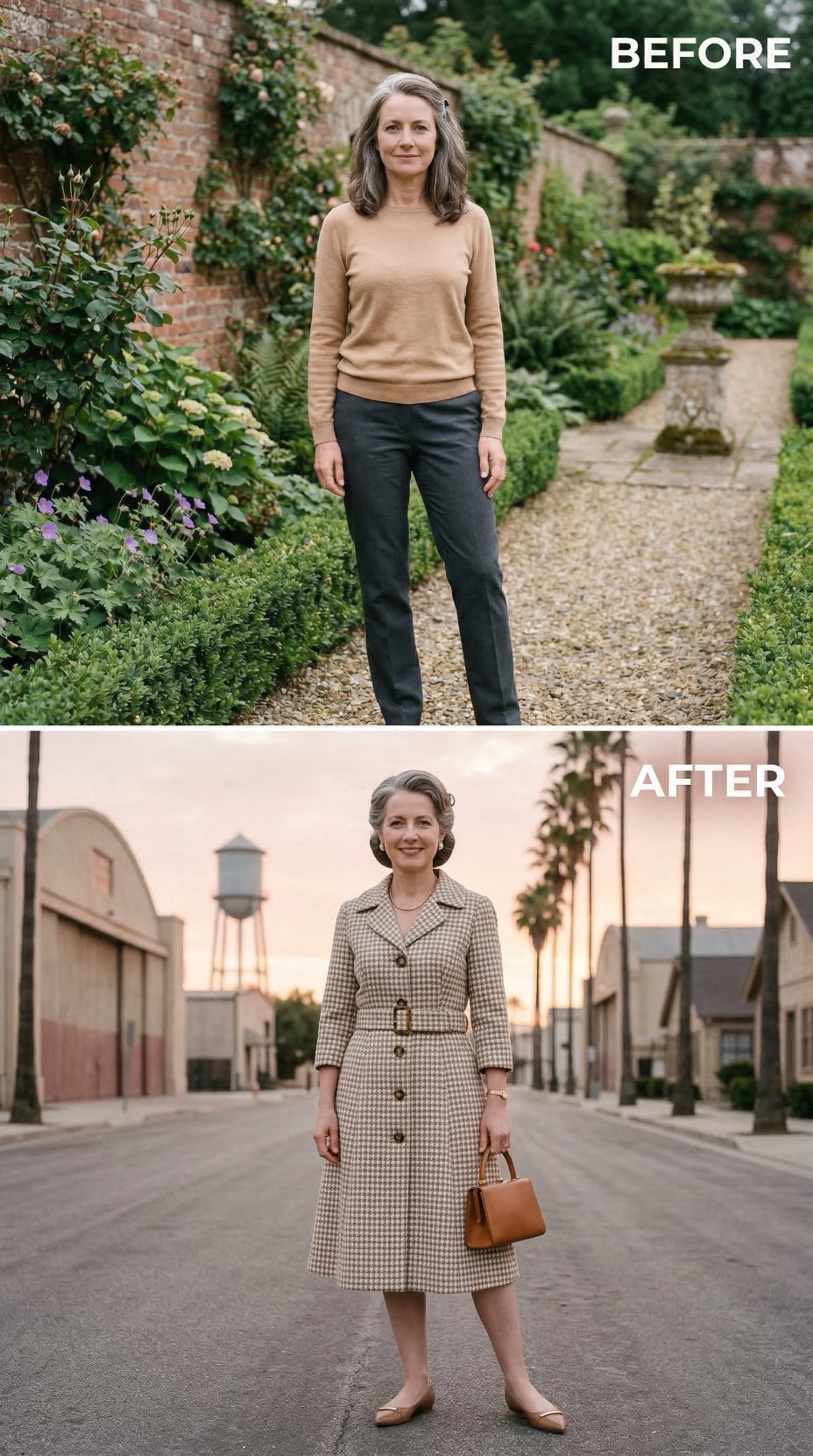 Charcoal Trousers and Camel Knit Evolve Into Houndstooth Coat Dress