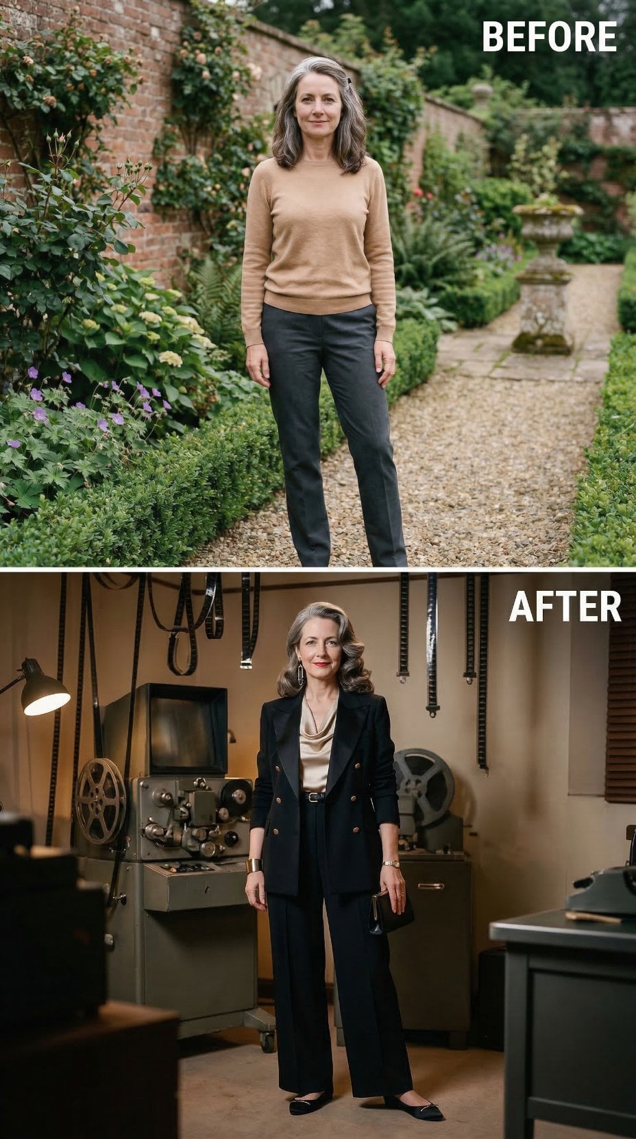 Garden Path Camel Knit Becomes Double-Breasted Blazer in Film Projection Studio