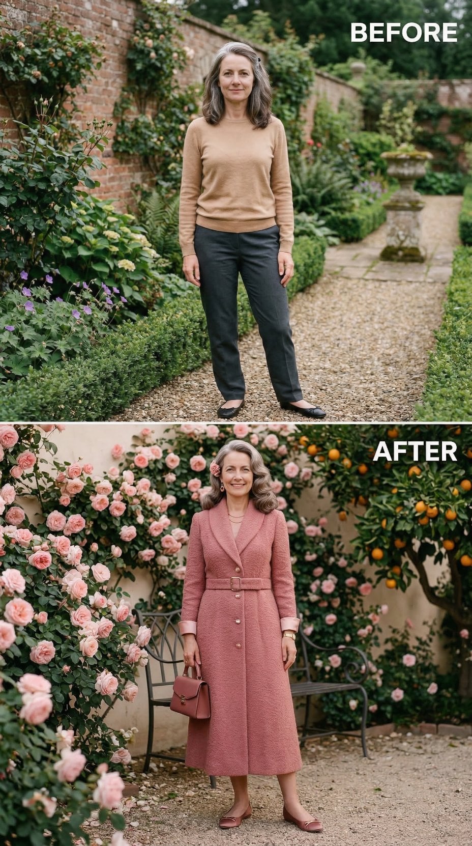 Charcoal Pants and Tan Sweater Give Way to Rose Coat Dress