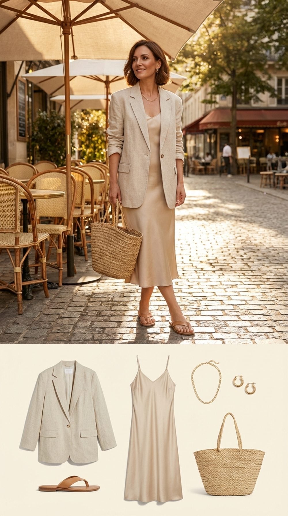 Linen Blazer Over a Slip Dress With Barely-There Sandals: The Summer Power Formula