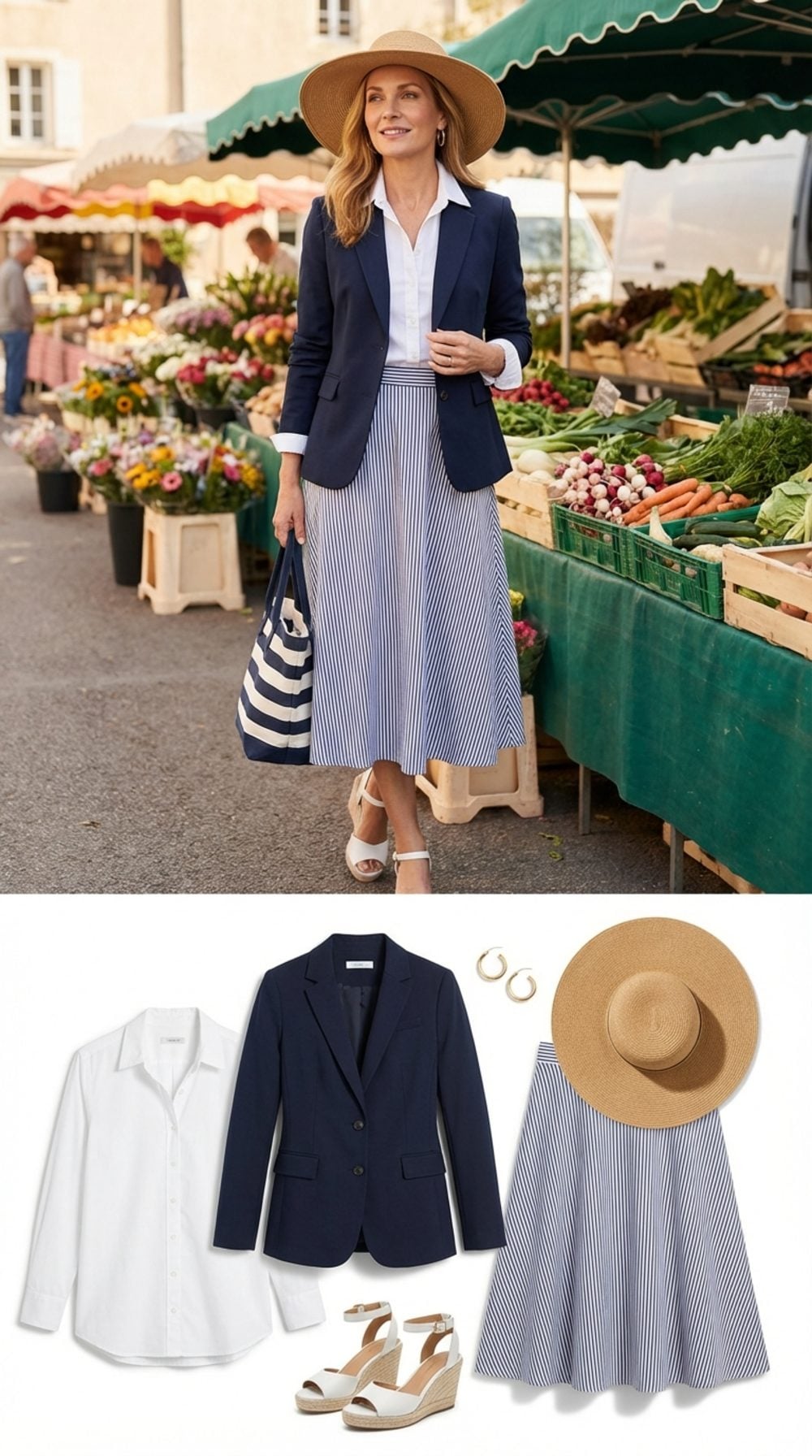 Navy Blazer, Crisp White Shirt, Straw Hat, and Midi Skirt: The French Weekend Formula