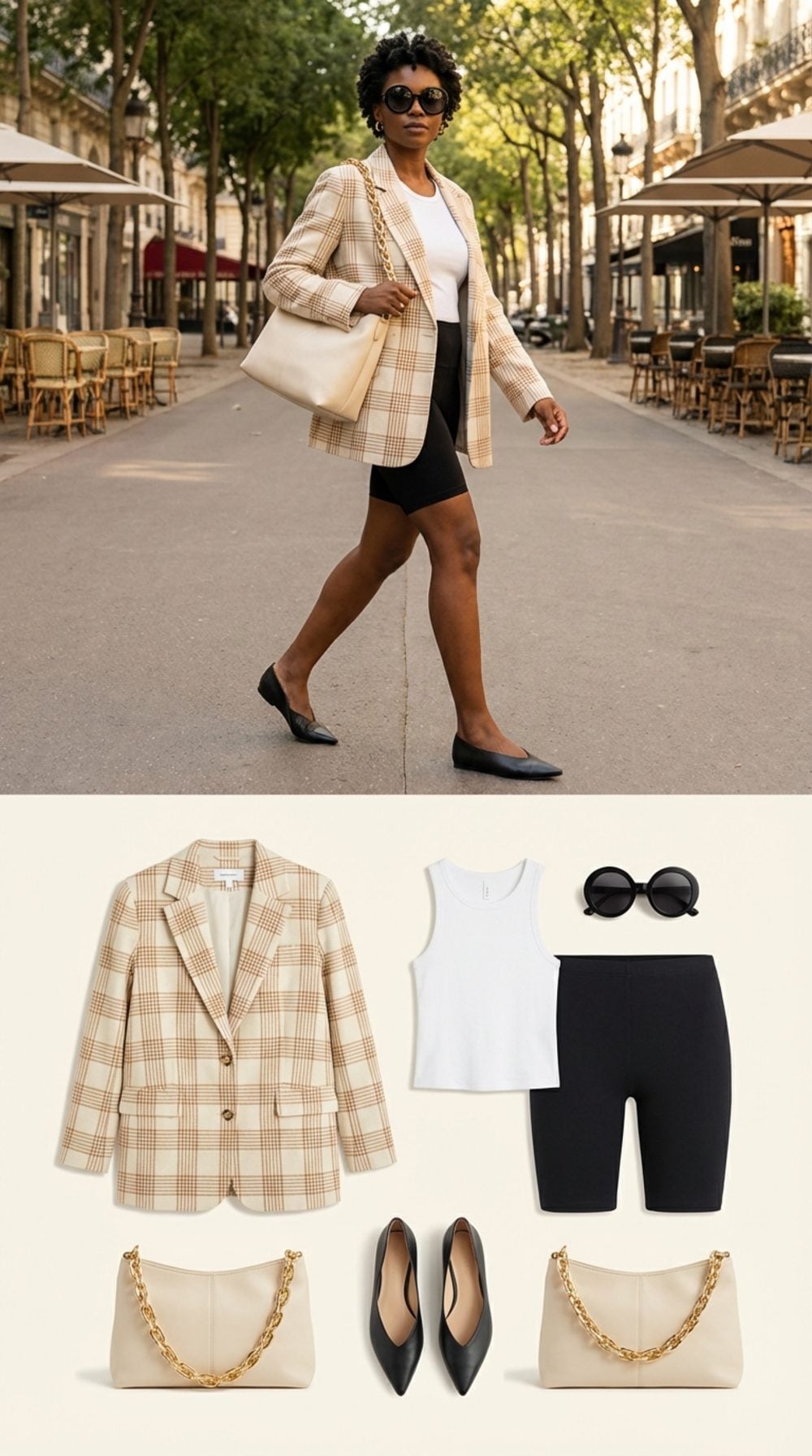 Checked Blazer, Fitted Bike Shorts, Pointed Flats, and an Oversized Chain Bag: The Off-Duty Edit