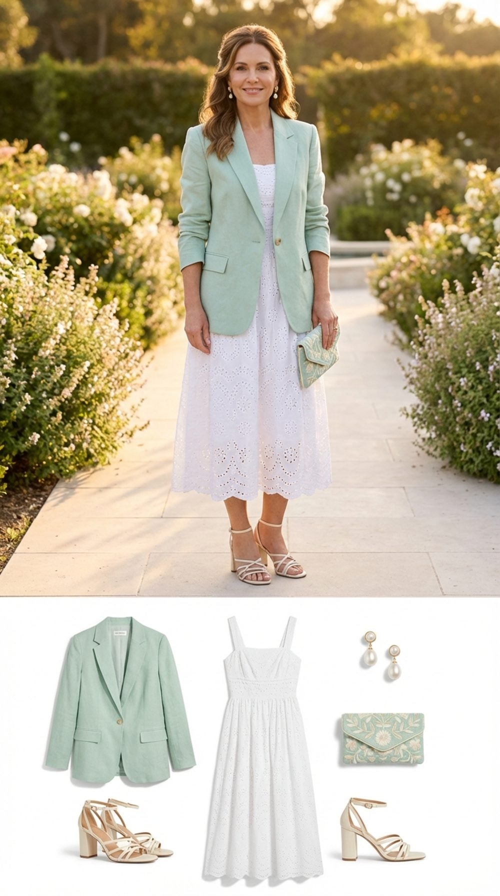 Pastel Mint Linen Blazer Over a White Broderie Midi Dress for an Effortless Summer Wedding Guest Look