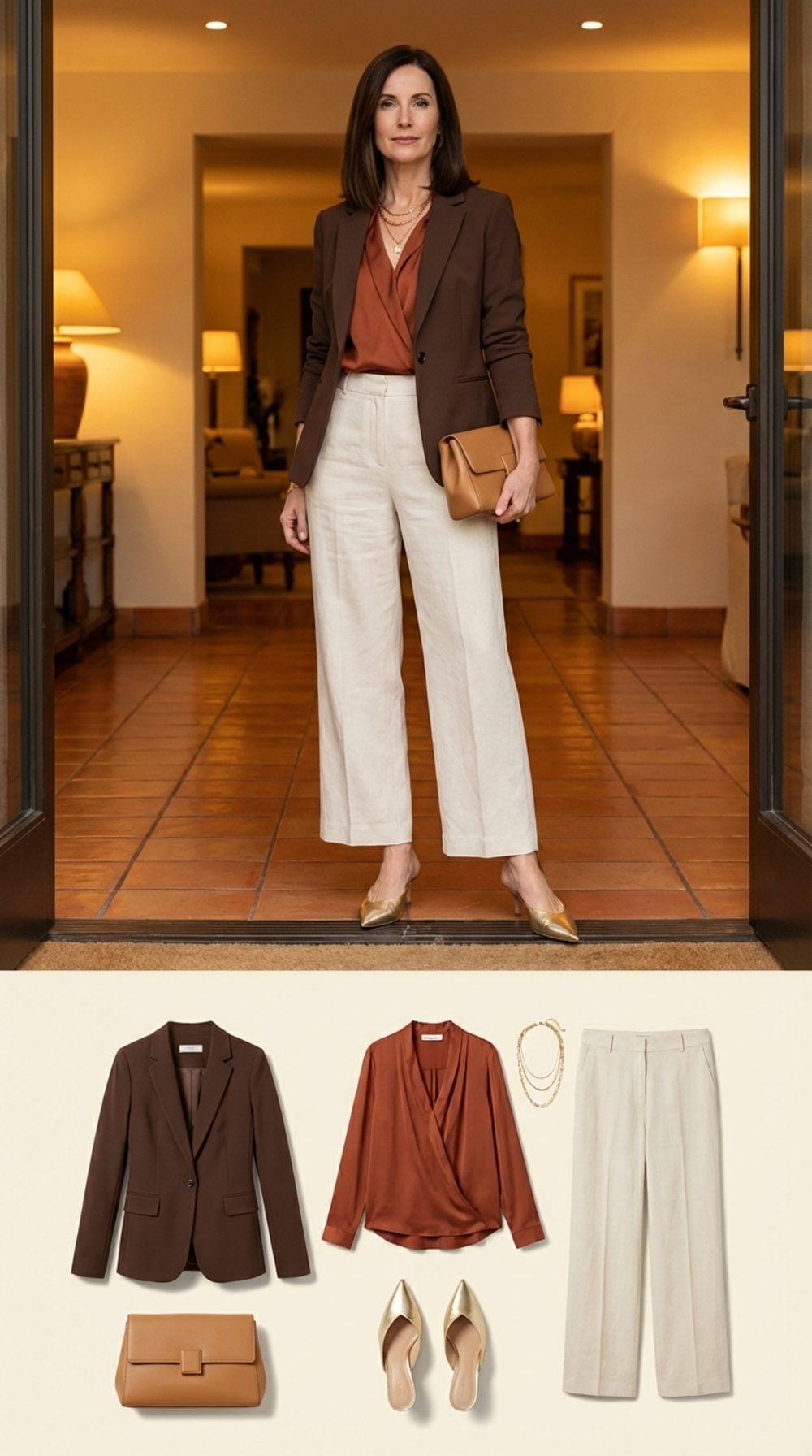 Chocolate Brown Blazer Over a Rust Silk Top, Cream Wide-Leg Trousers, and Gold Accessories