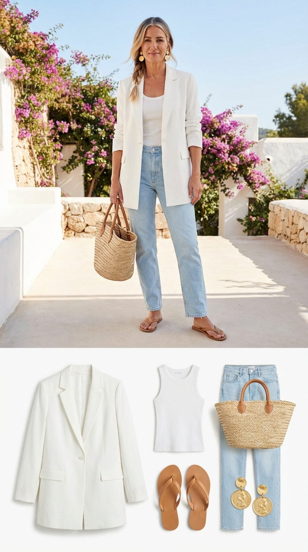 White Longline Blazer, Straight Light-Wash Jeans, Simple Tank, and Woven Accessories: Summer's Best Layback Look