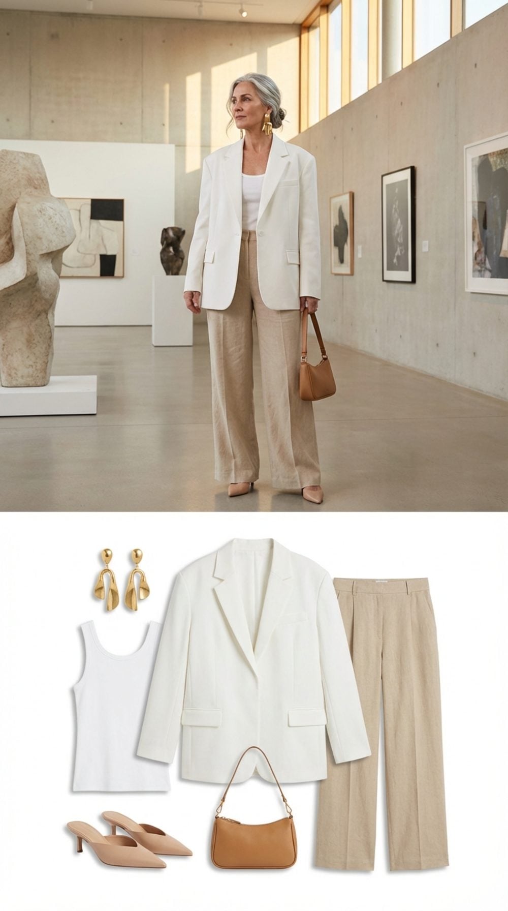 White Oversized Blazer + Wide-Leg Linen Pants in Sand + One Bold Earring