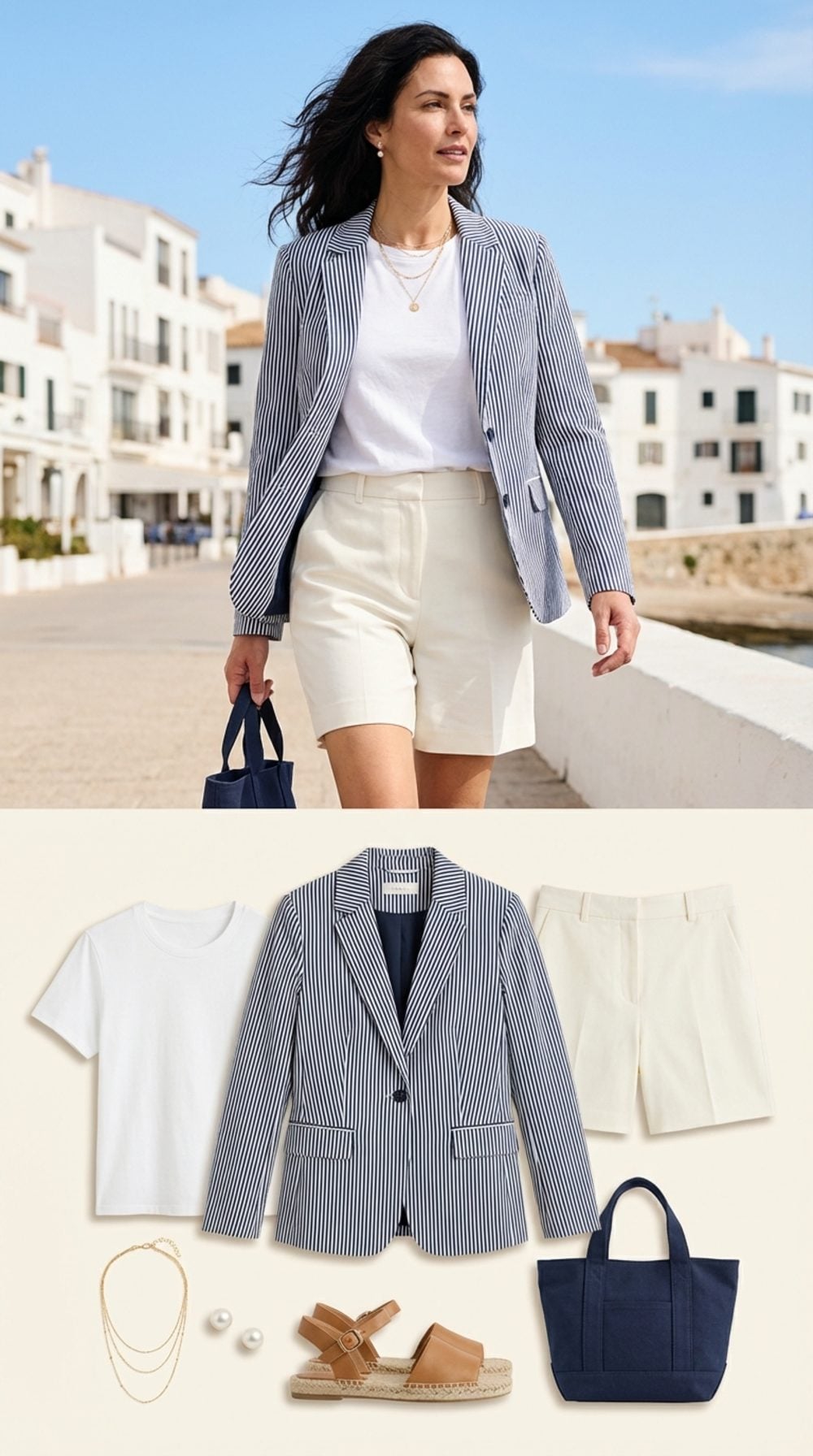 Striped Cotton Blazer, Relaxed White Tee, Tailored Shorts, and Flat Espadrilles