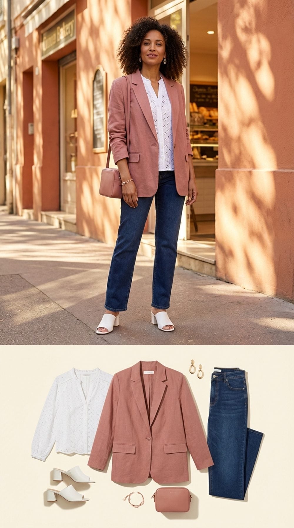 Dusty Rose Linen Blazer Over a White Broderie Blouse, Straight Jeans, and Block-Heel Mules