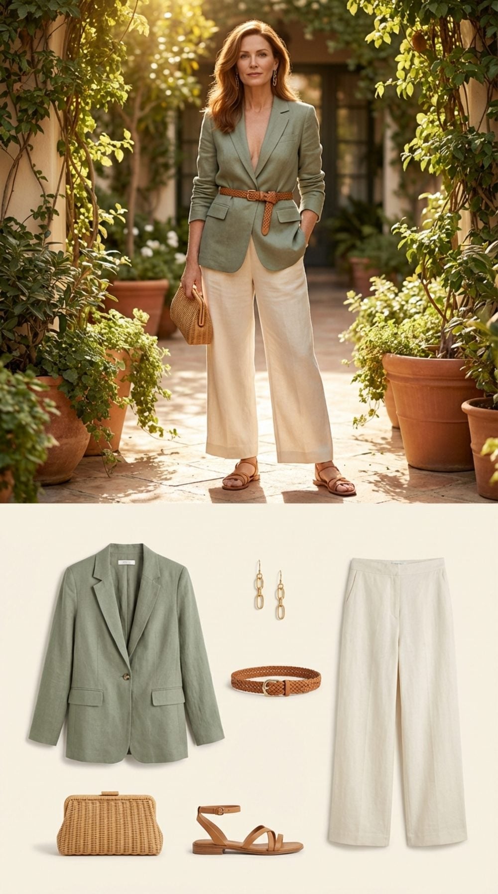Sage Green Blazer Worn As a Top, Belted at the Waist Over Wide-Leg Trousers