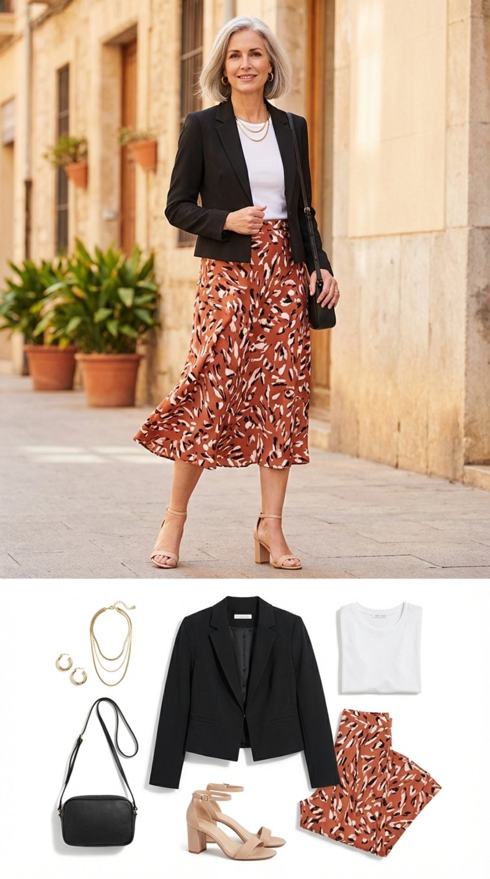 Black Blazer + Printed Midi Skirt + White Tee + Barely-There Block Heels
