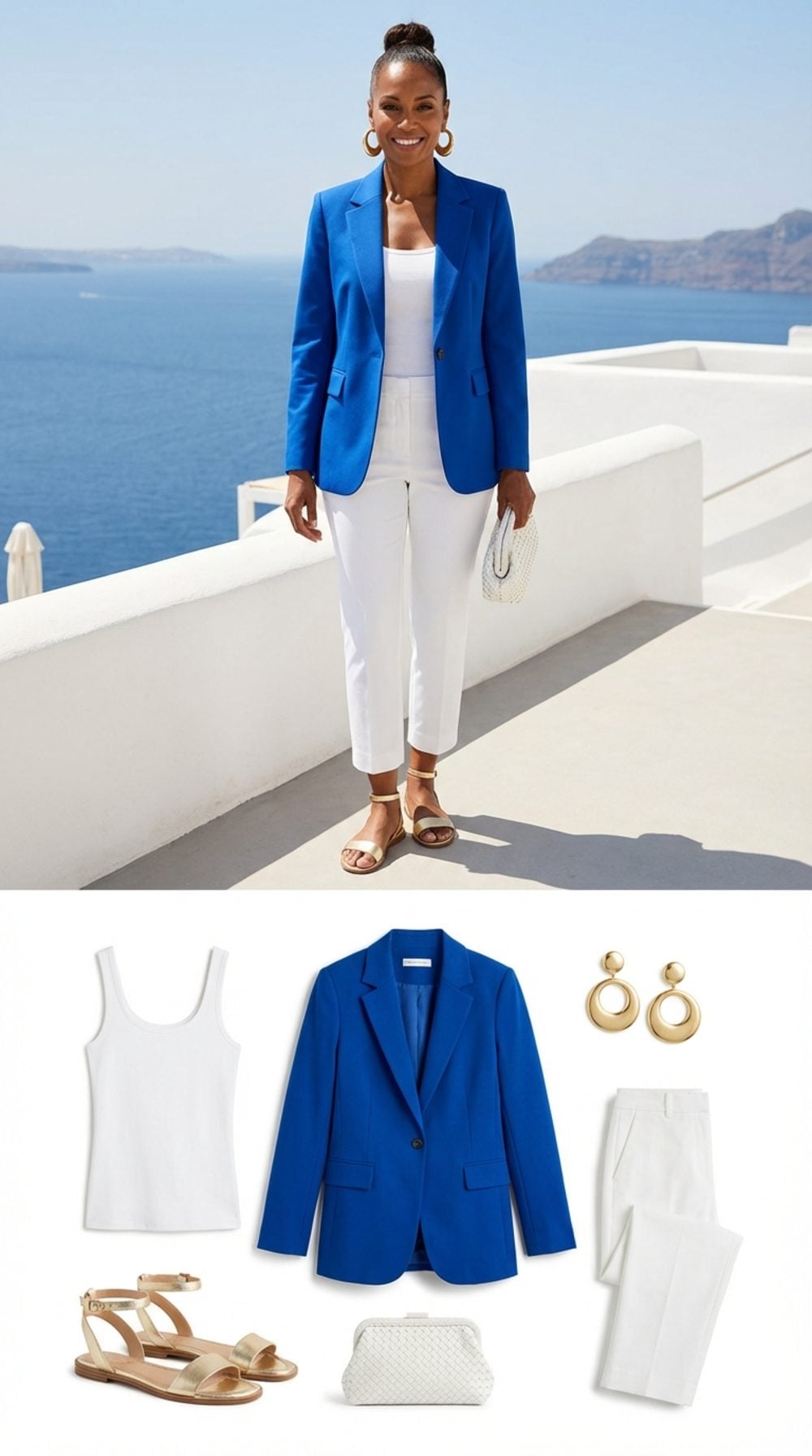 Cobalt Blue Blazer Over a Simple White Tank, Cropped White Trousers, and Gold Sandals