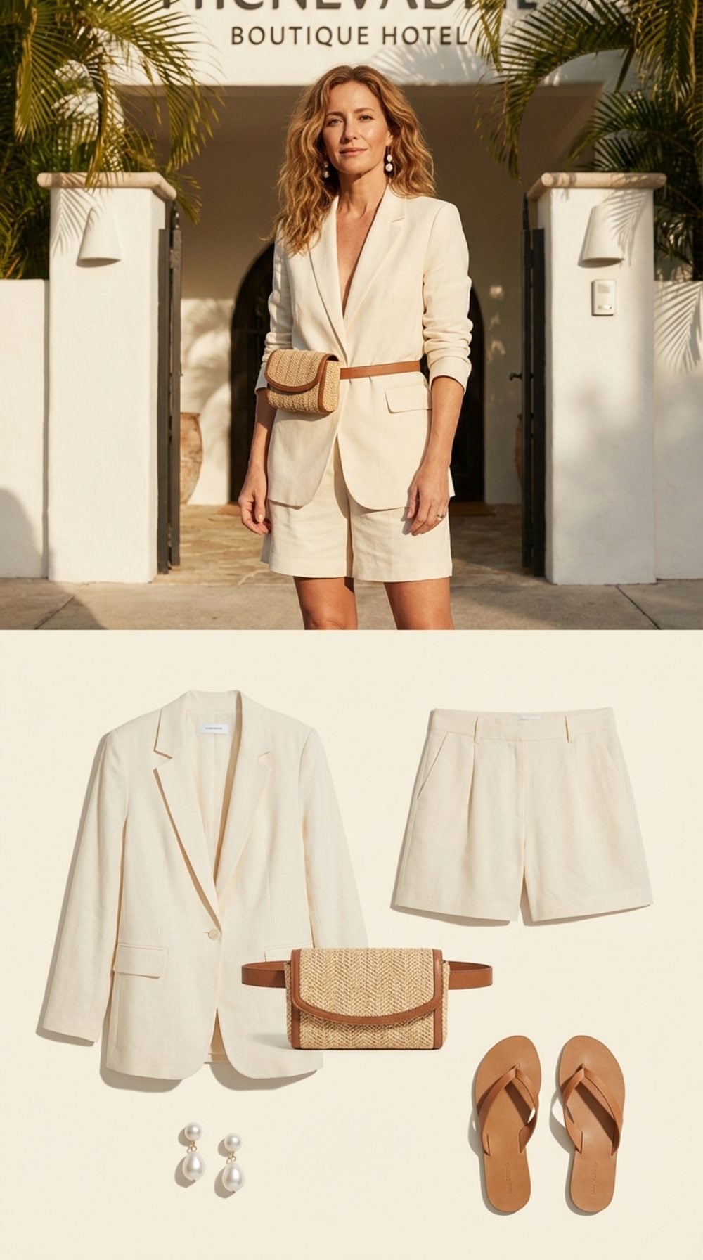 Cream Blazer + Matching Cream Shorts + Woven Belt Bag + Leather Sandals for the Summer Set