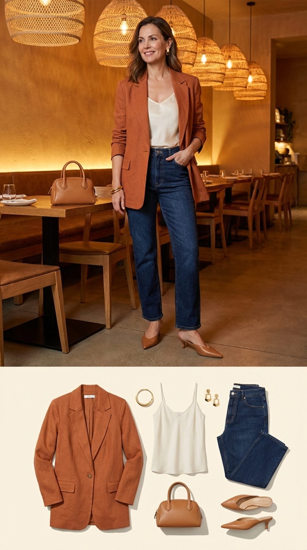 Terracotta Linen Blazer Over a Silk Camisole, Straight Dark Denim, and Pointed Mules