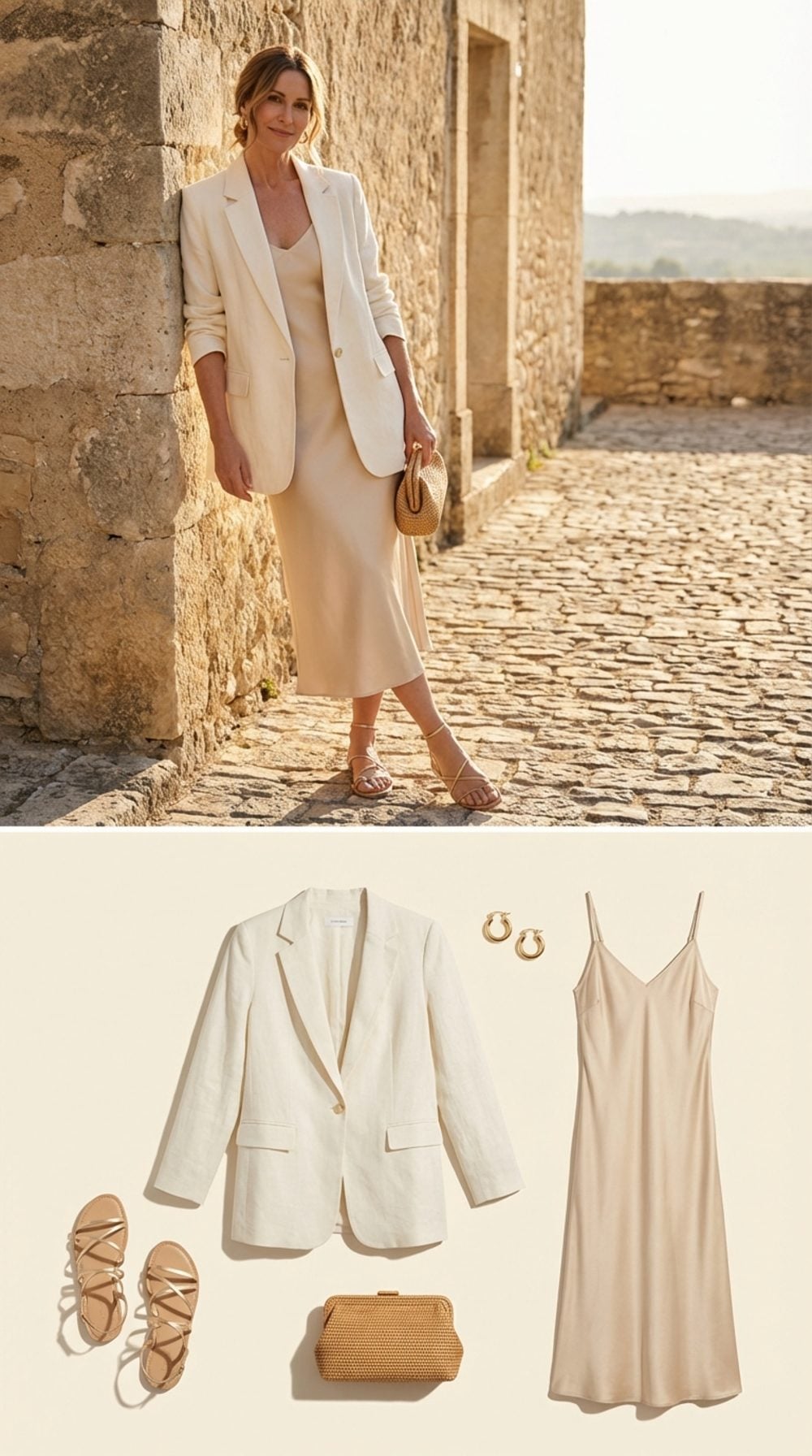 Ivory Linen Blazer Over a Silk Slip Dress with Barely-There Strappy Sandals