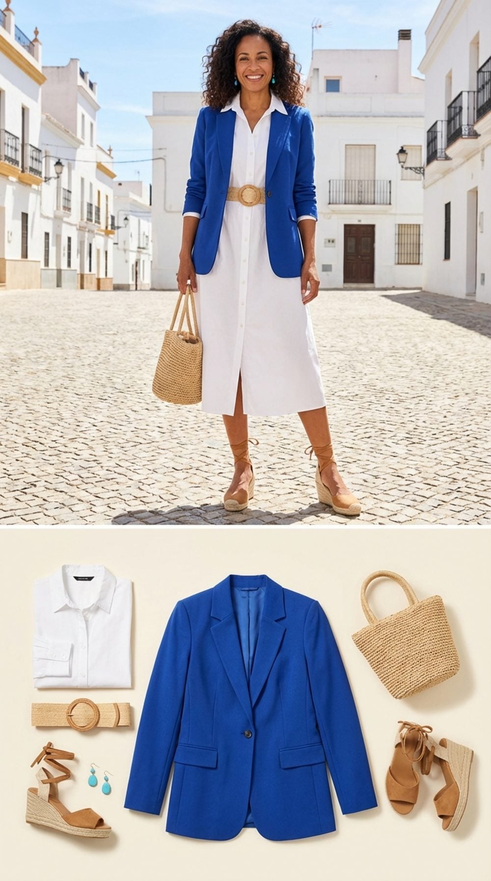 Cobalt Blue Blazer Over a White Poplin Shirt Dress, Natural Raffia Belt, Tan Espadrille Wedges