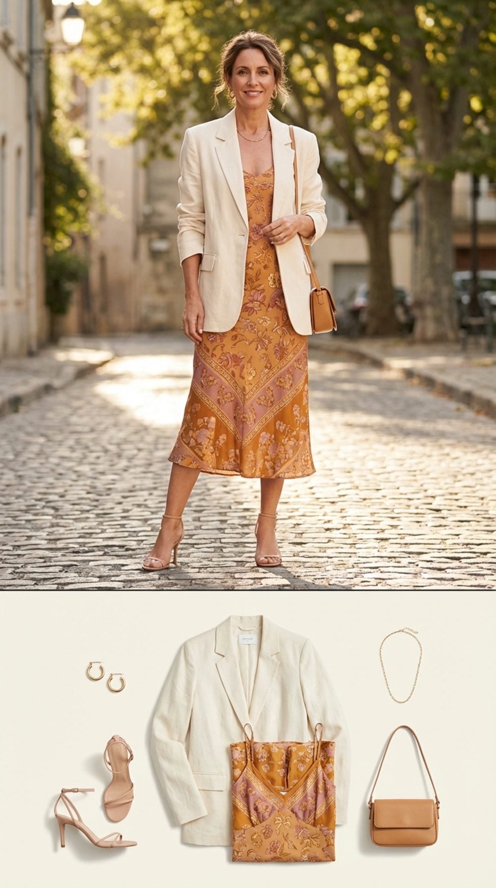Cream Linen Blazer + Printed Silk Slip Dress + Barely-There Heeled Sandals
